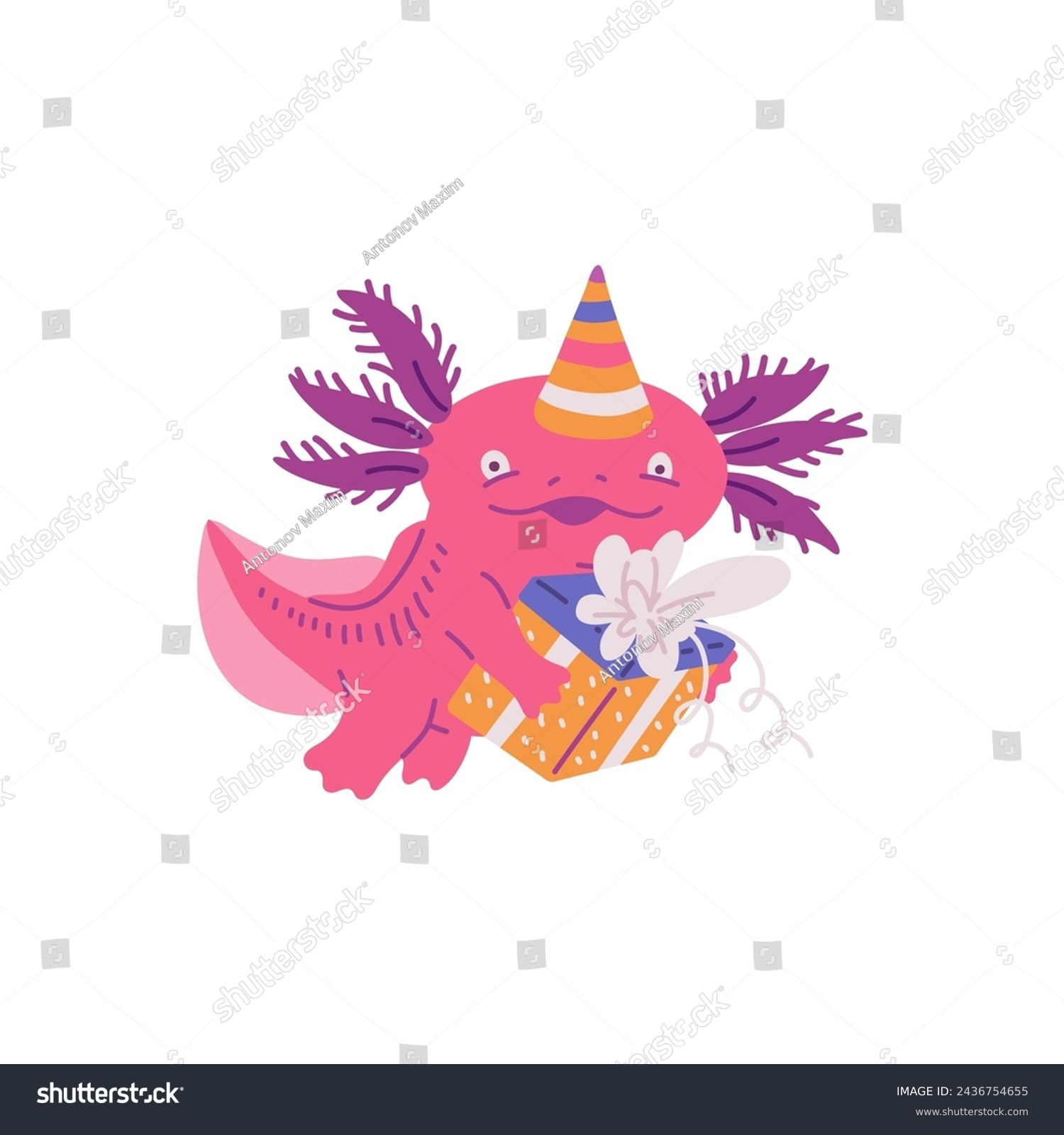 SVG of Funny axolotl amphibia animal character with birthday gifts. Cute axolotl aquatic salamander for birthday card, flat vector illustration isolated on white background. svg