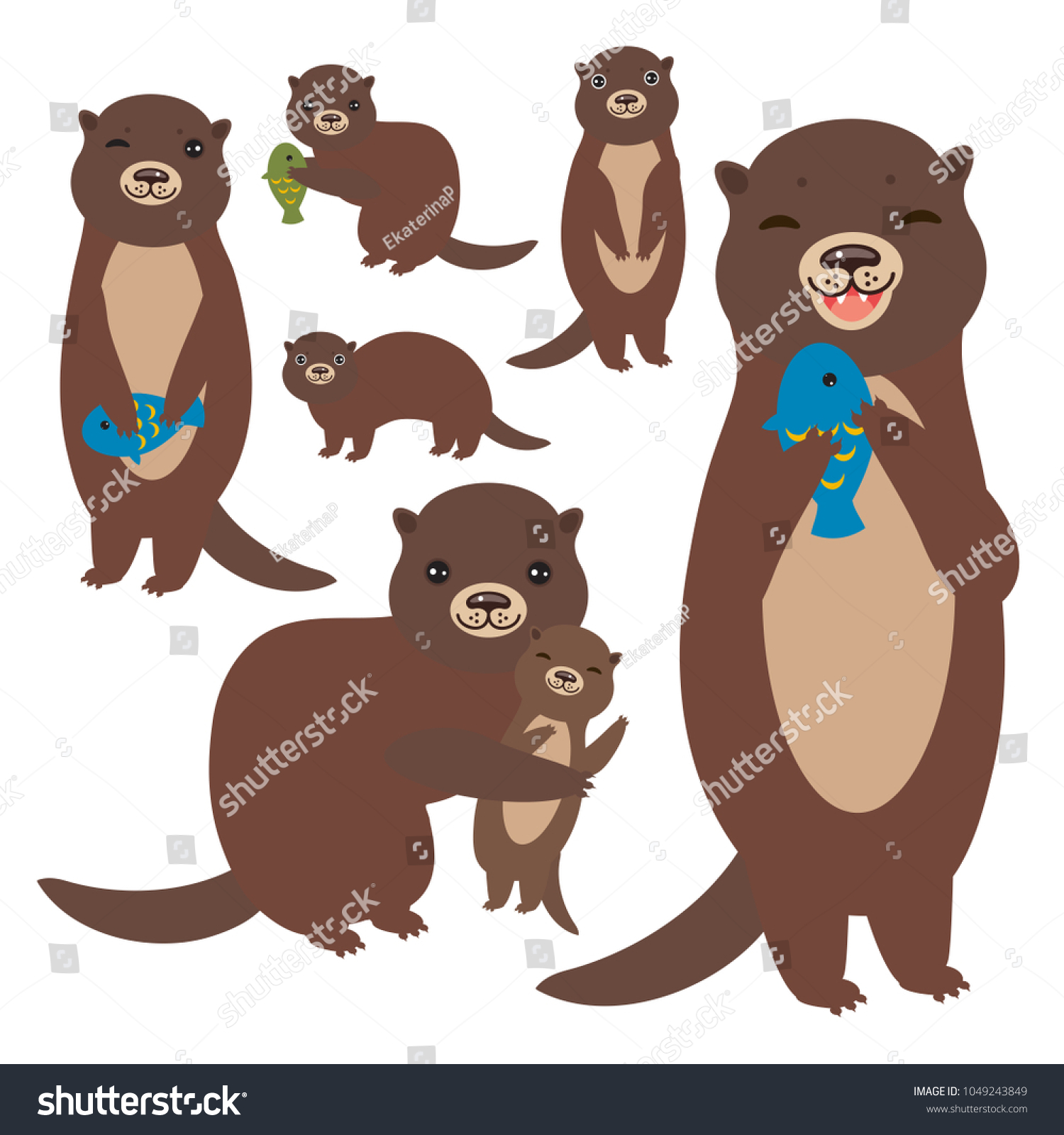 Funny Brown Otter Collection On White เวกเตอร์สต็อก ปลอดค่าลิขสิทธิ์