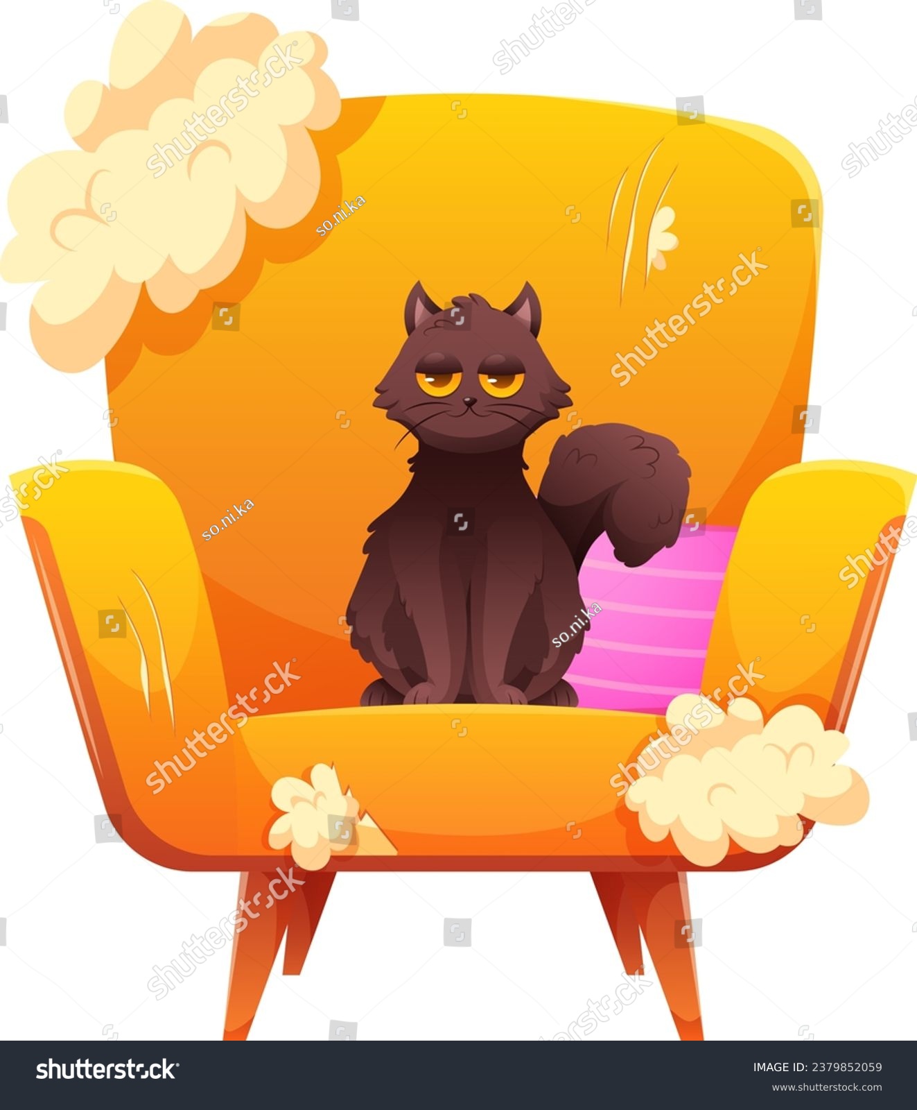 SVG of Funny cartoon black cat is sitting with happy face on scratched and broken chair. Vector illustration of naughty pets svg