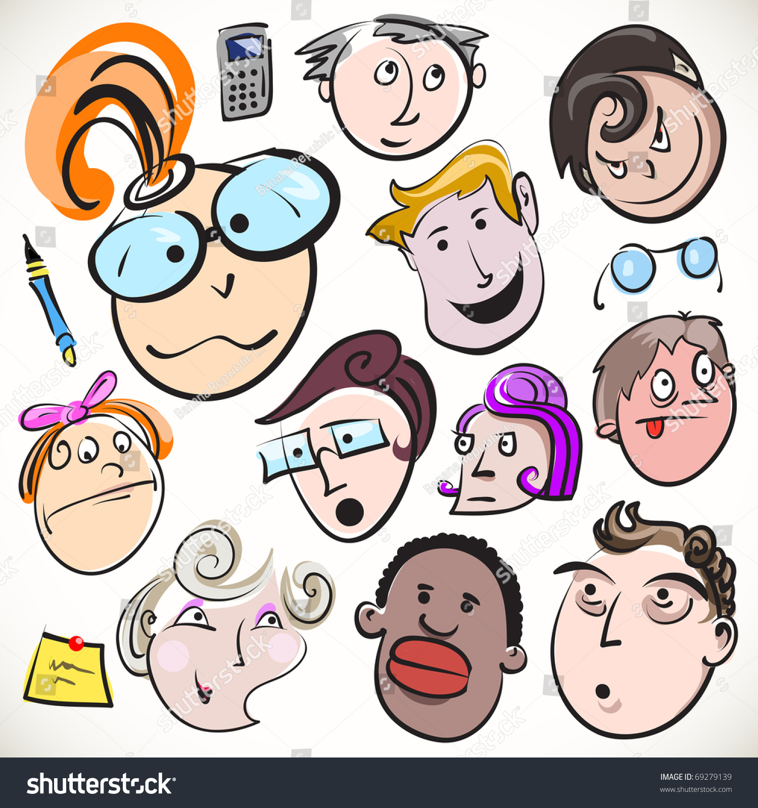 Funny Cartoon Faces Vector Doodle People Stock Vector Royalty Free