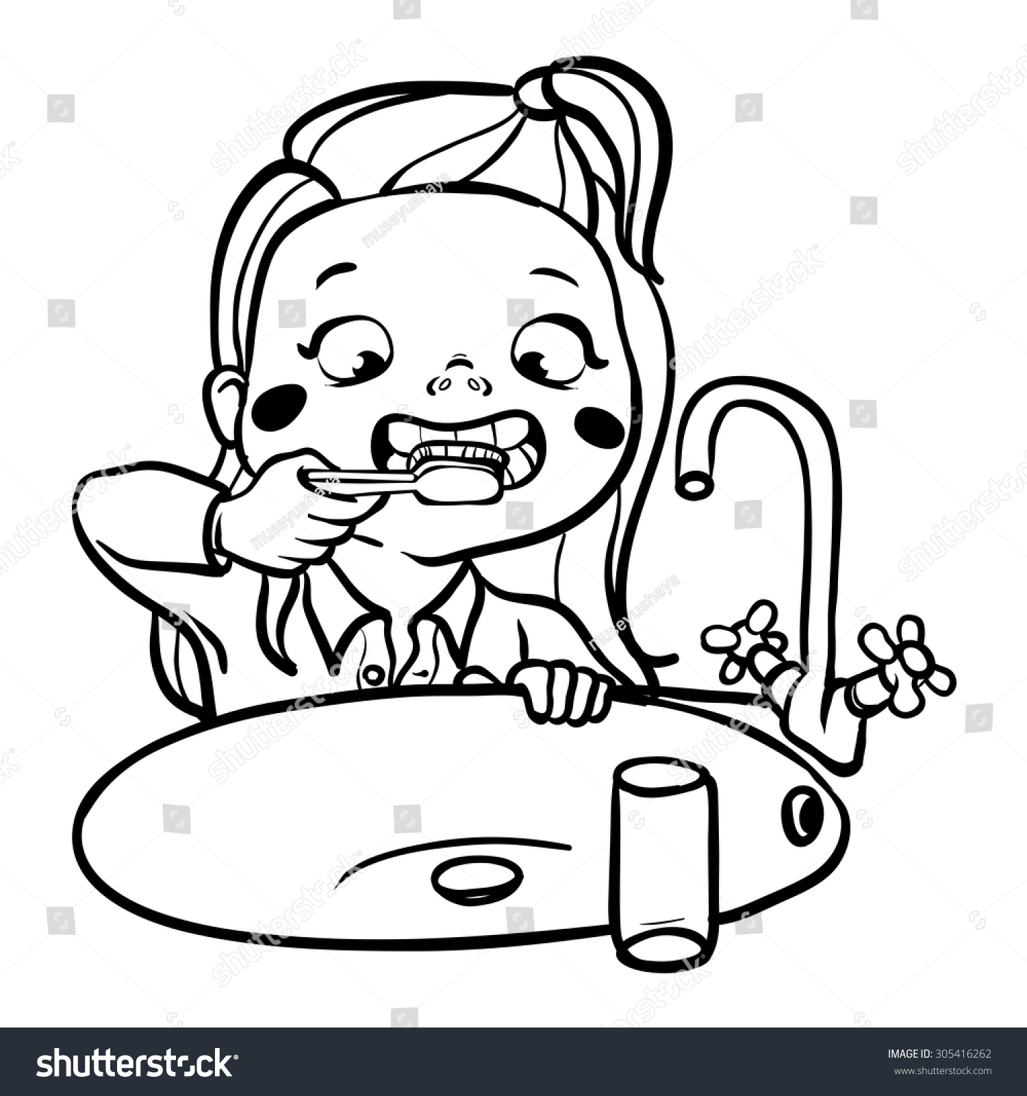 Funny Cartoon Girl Brushing Her Teeth Stock Vector (Royalty Free) 305416262