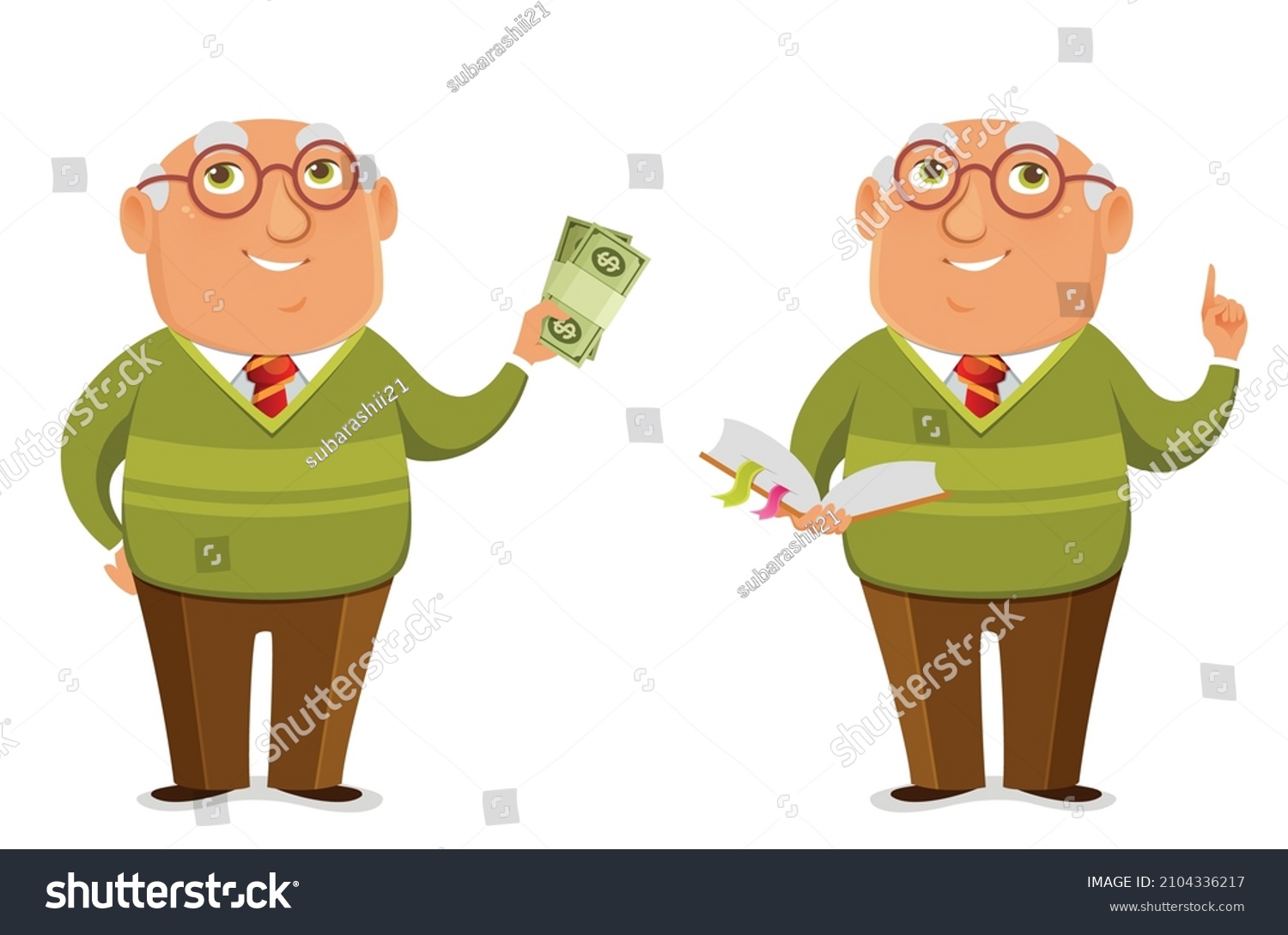 Cartoon Senior Man Holding Stack of Money