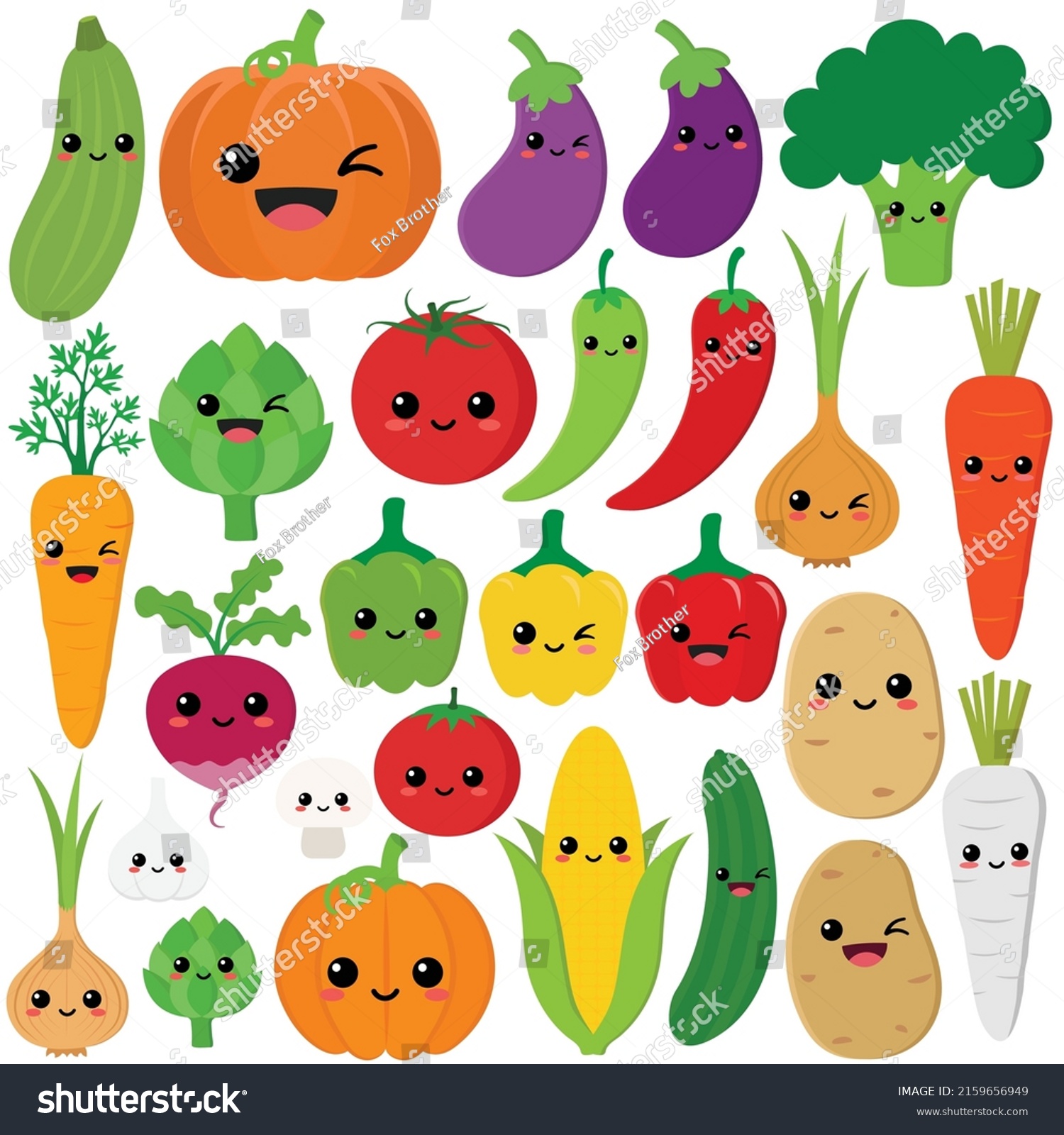 Funny Cartoon Set Different Vegetables Kawaii Stock Vector (Royalty ...
