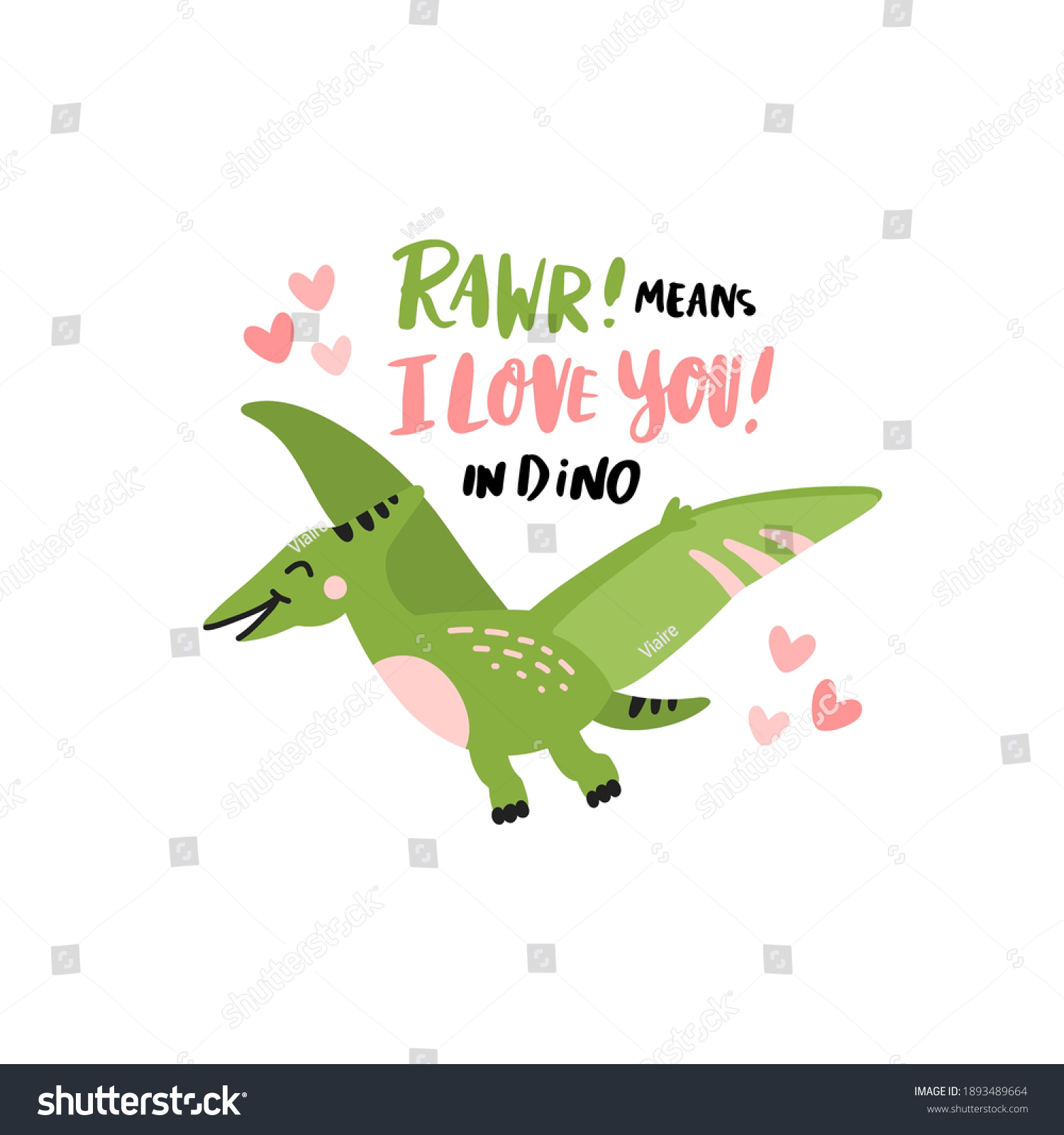 SVG of Funny character dinosaur or pterodactyl. Cute dino. Adorable jurassic reptile. The inscription: Rawr! means I love you! Vector illustration for Valentine's day in scandinavian style. svg