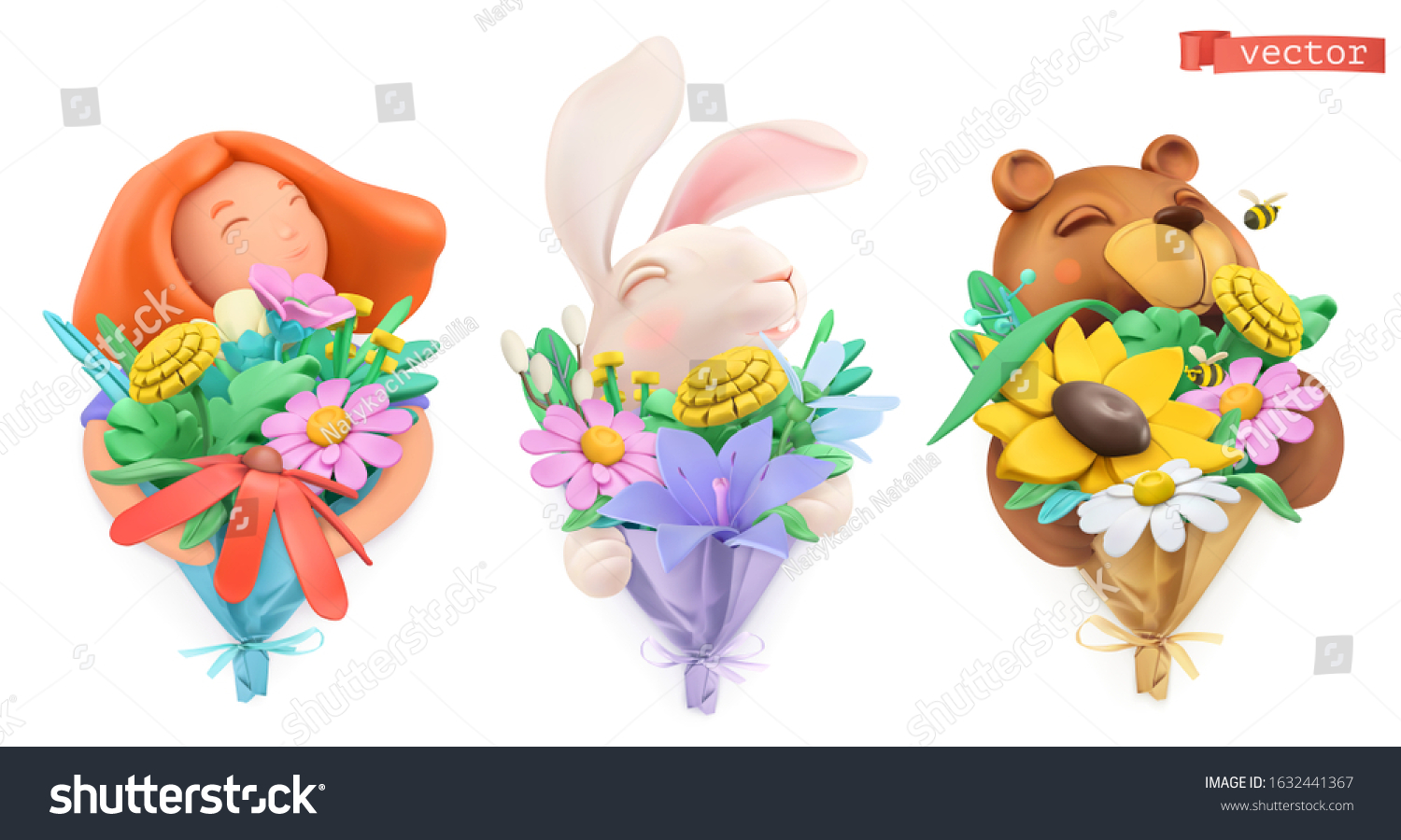 SVG of Funny characters with bouquet of flowers. Girl, easter bunny, bear. Plasticine art objects. Spring and summer 3d vector icon set svg