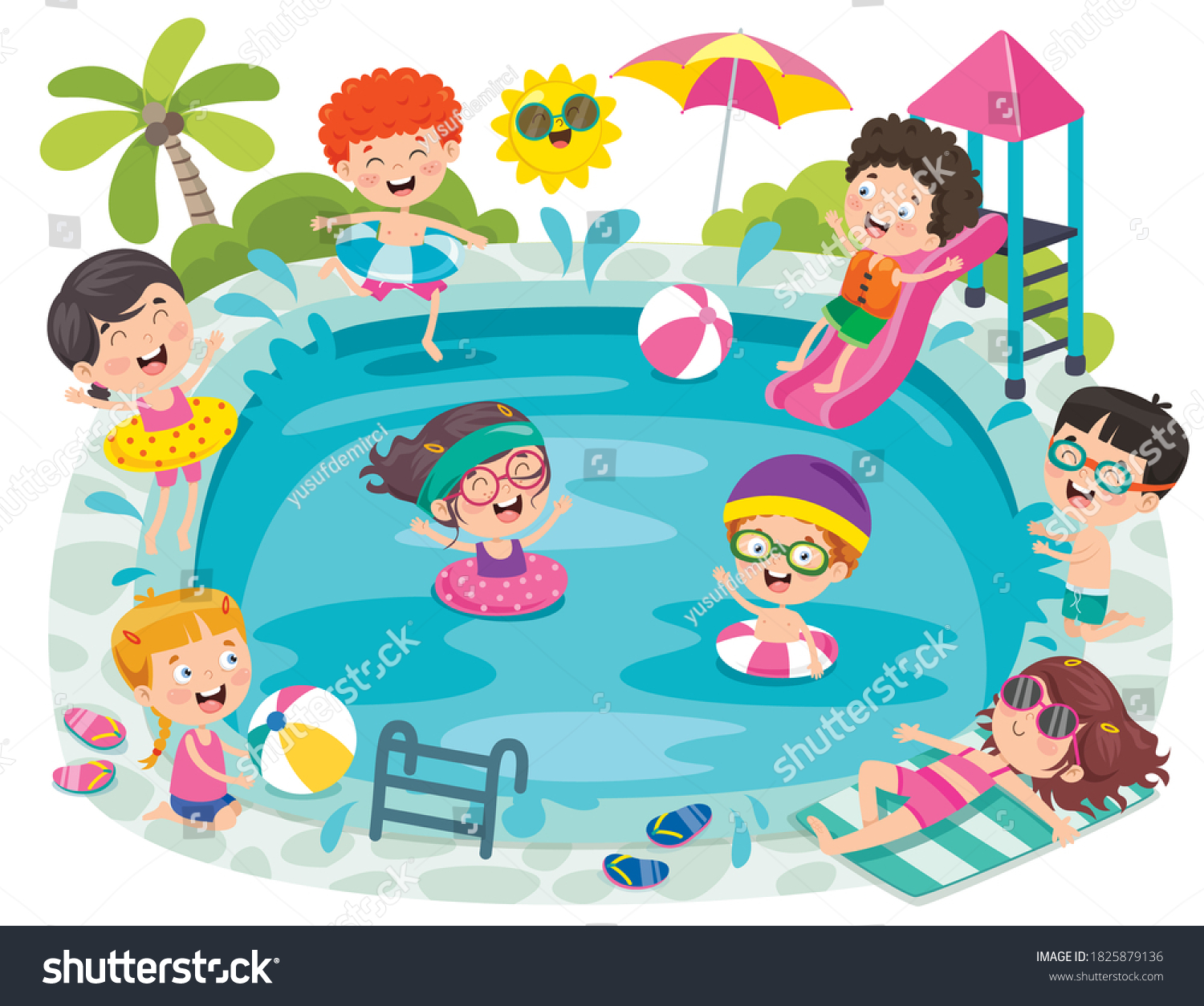 Funny Children Swimming Pool Stock Vector (Royalty Free) 1825879136