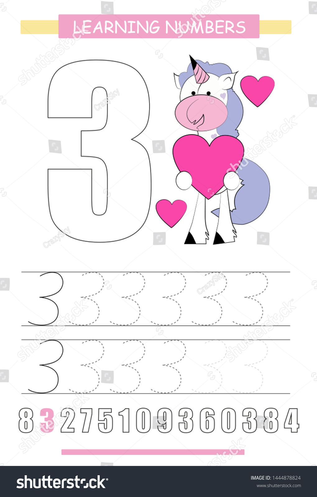 funny children flashcard number three unicorn stock vector royalty free 1444878824 shutterstock