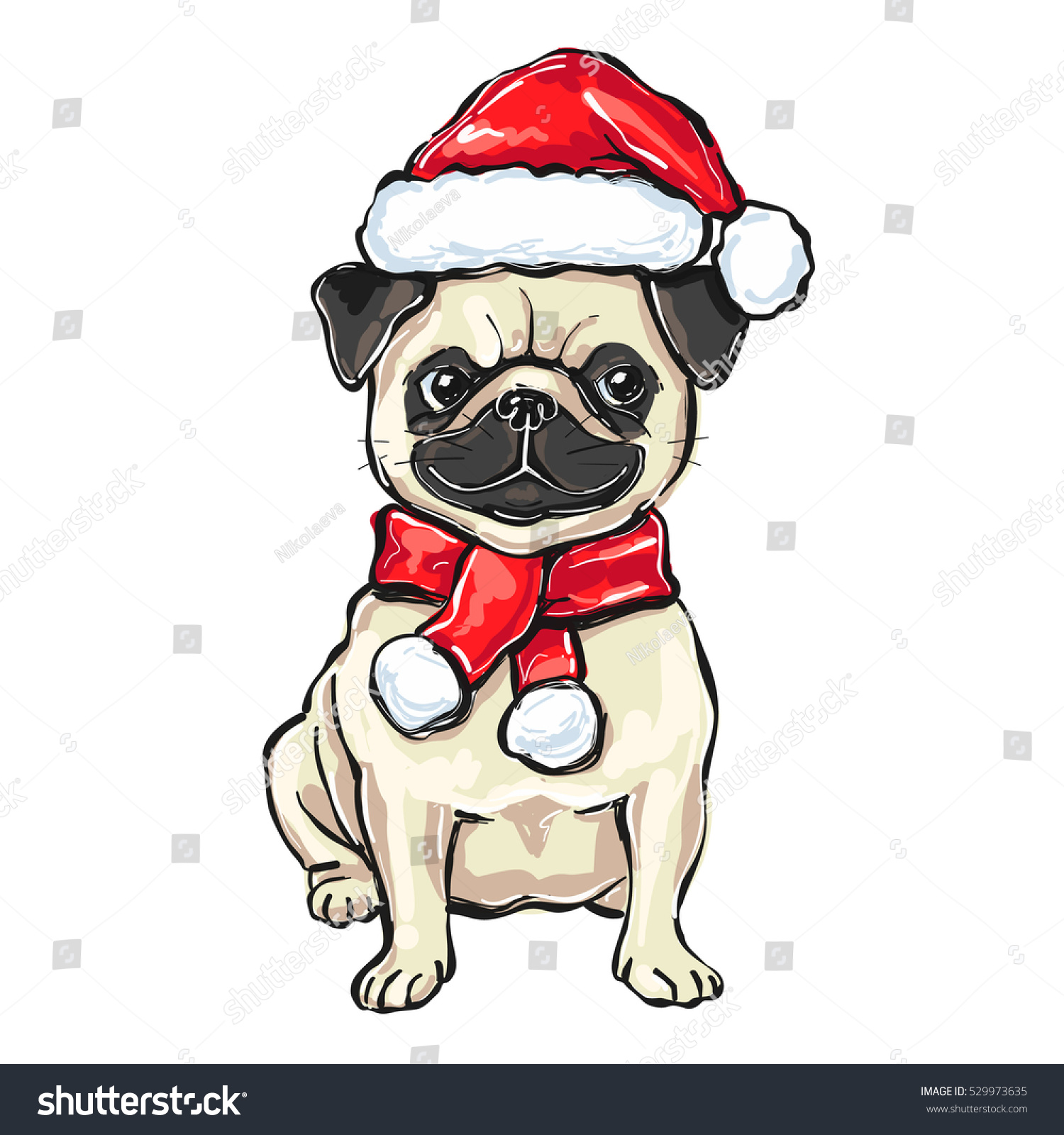 Funny Christmas Pug Dog Santa Hat Stock Vector 529973635
