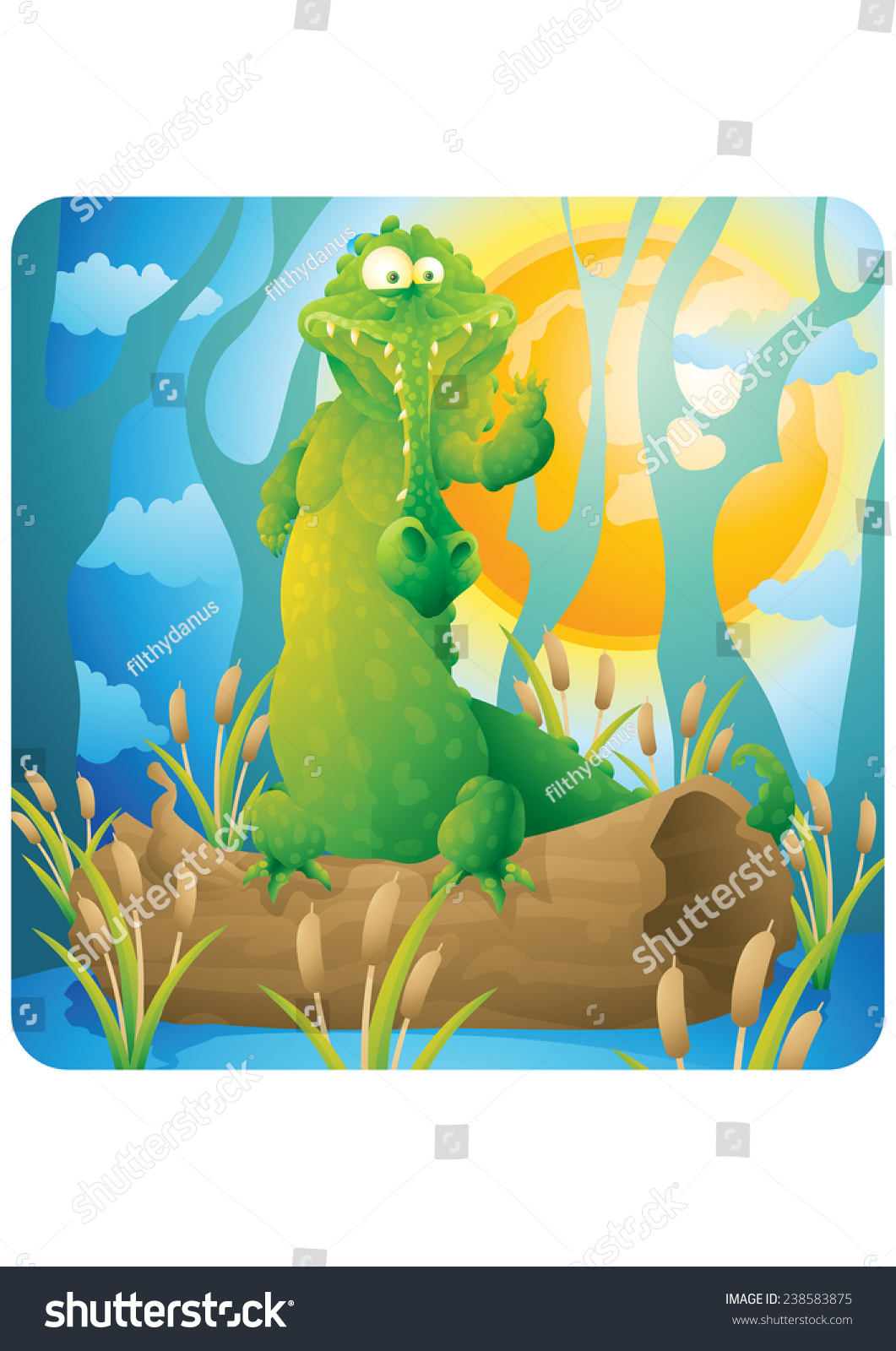 Funny Crocodile In Swamp Sitting On A Log Stock Vector Illustration 