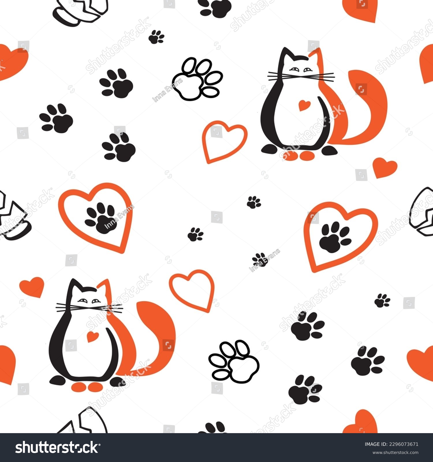 SVG of Funny cute flat art seamless cartoon pattern with black and ginger cats, hearts, cat paw prints and broken mugs in contrast bright red and black colors in white background svg