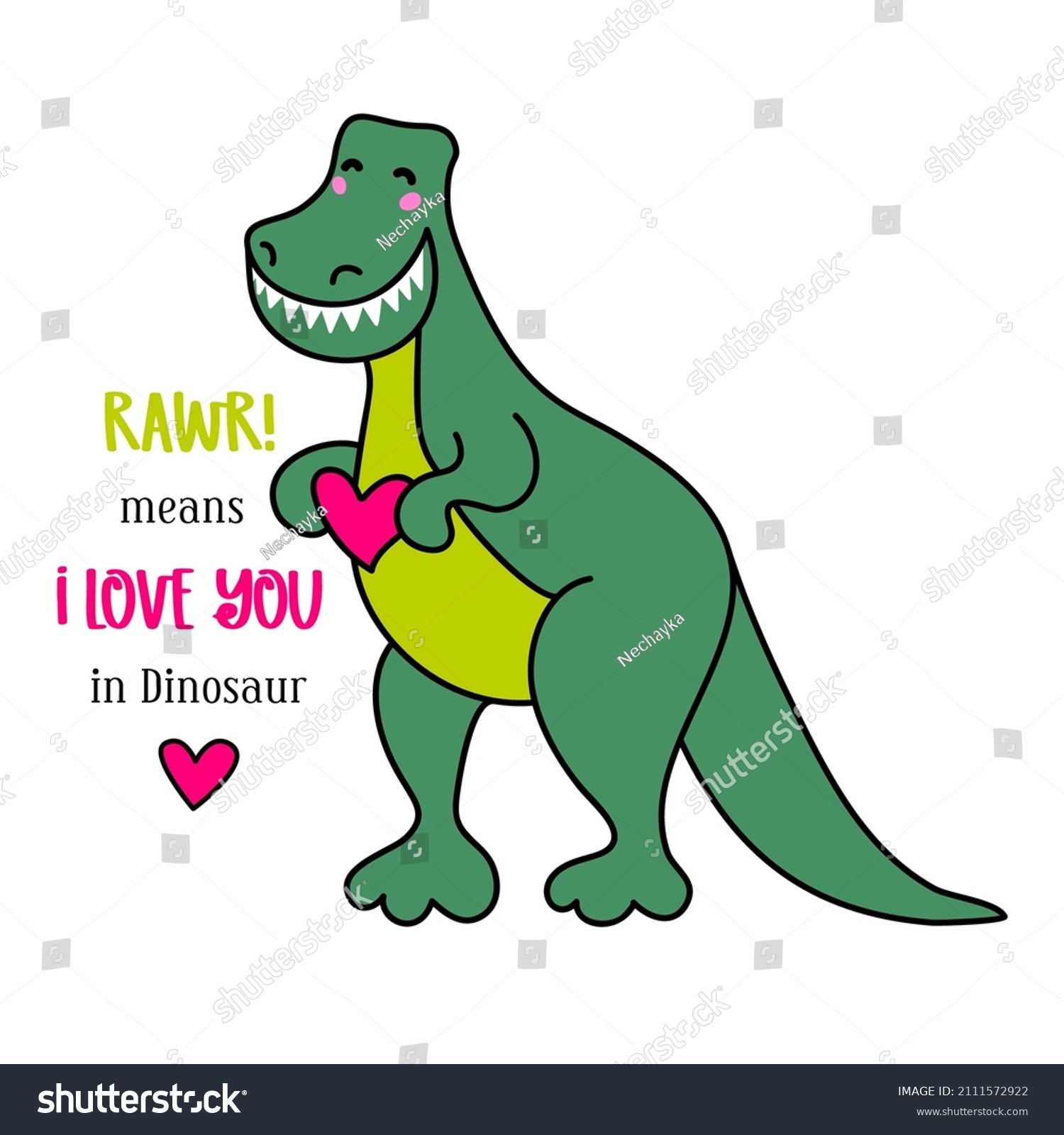 SVG of Funny Dinosaur for Valentines Day. Vector cartoon drawing isolated. Rawr means I love you in Dinosaur. svg