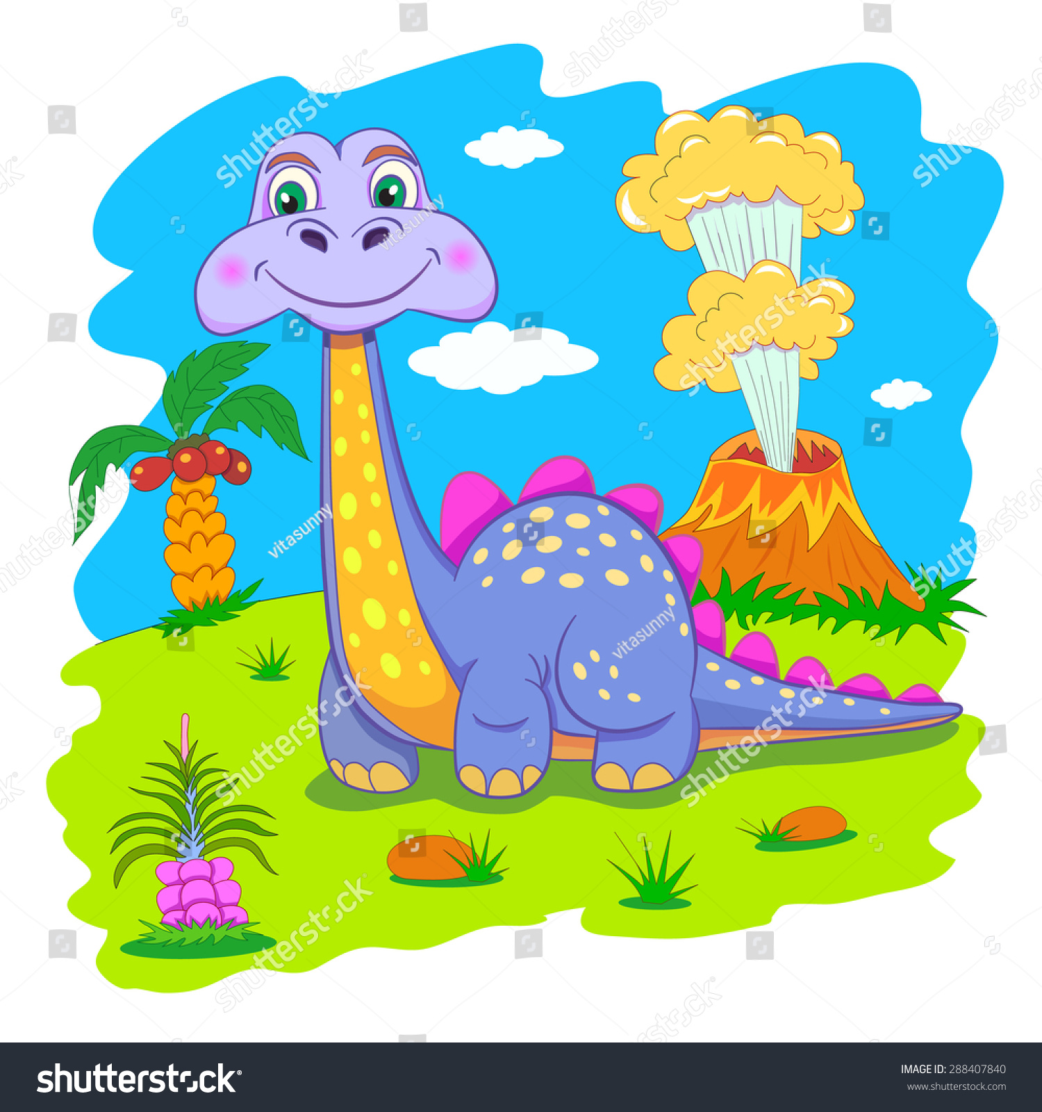 Funny Dinosaur Prehistoric Landscape Cartoon Vector Stock Vector ...