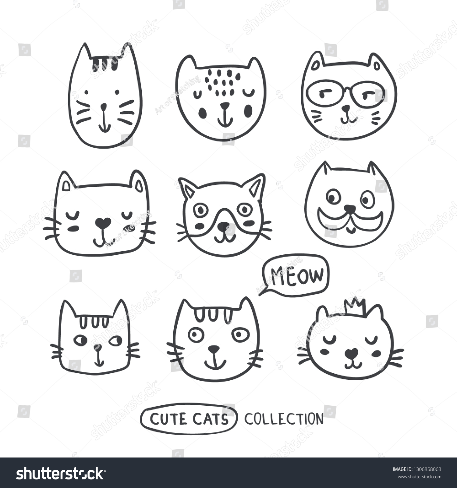 Funny Doodle Outline Cats Faces Collection Stock Vector (Royalty Free ...