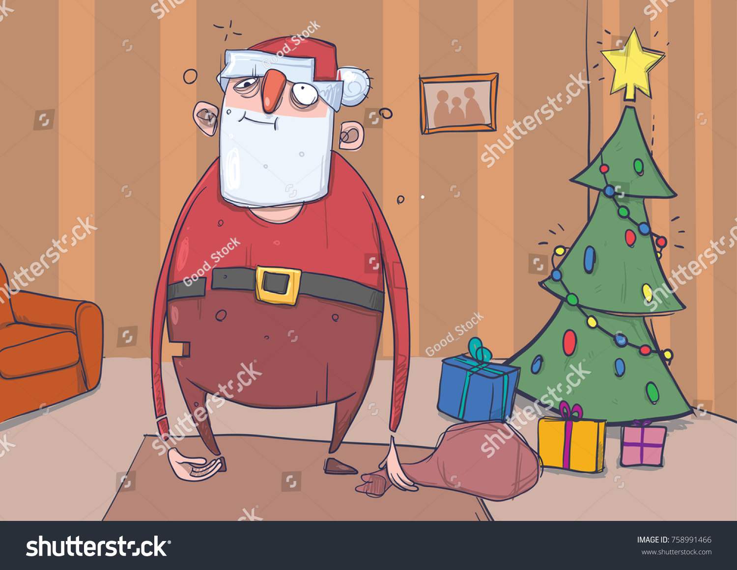 Funny drunk Santa Claus with a bag stands in a room with decoreted Christmas tree and