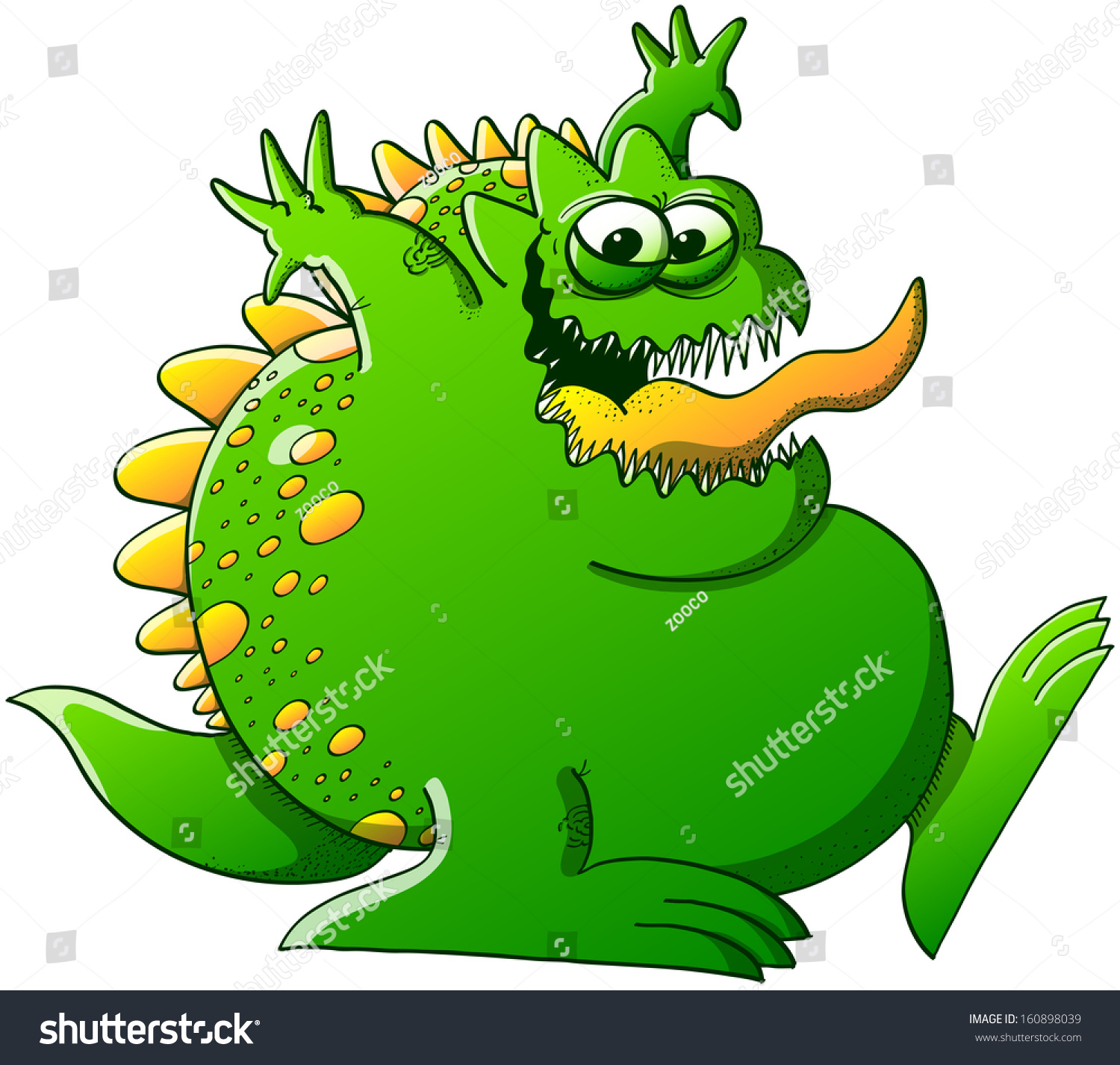 Funny, Fat And Green Monster With Sharp Teeth While Having Fun, Smiling ...