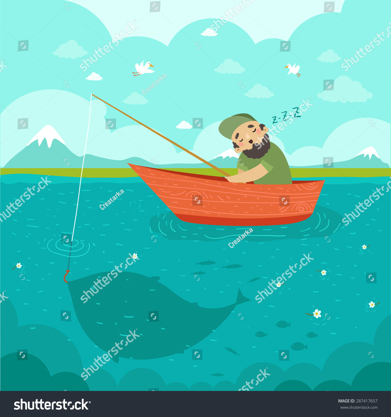 Funny Fisherman Sleeping In A Boat. Fishing Design Elements. Vector ...