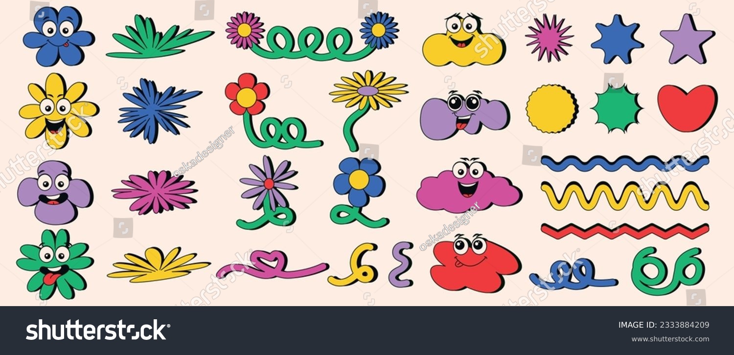 SVG of Funny flowers in cartoon style. A set of elements for design. Modern vector illustration in a Modern Y2K style. Elements for posters, stickers, UI UX design. svg
