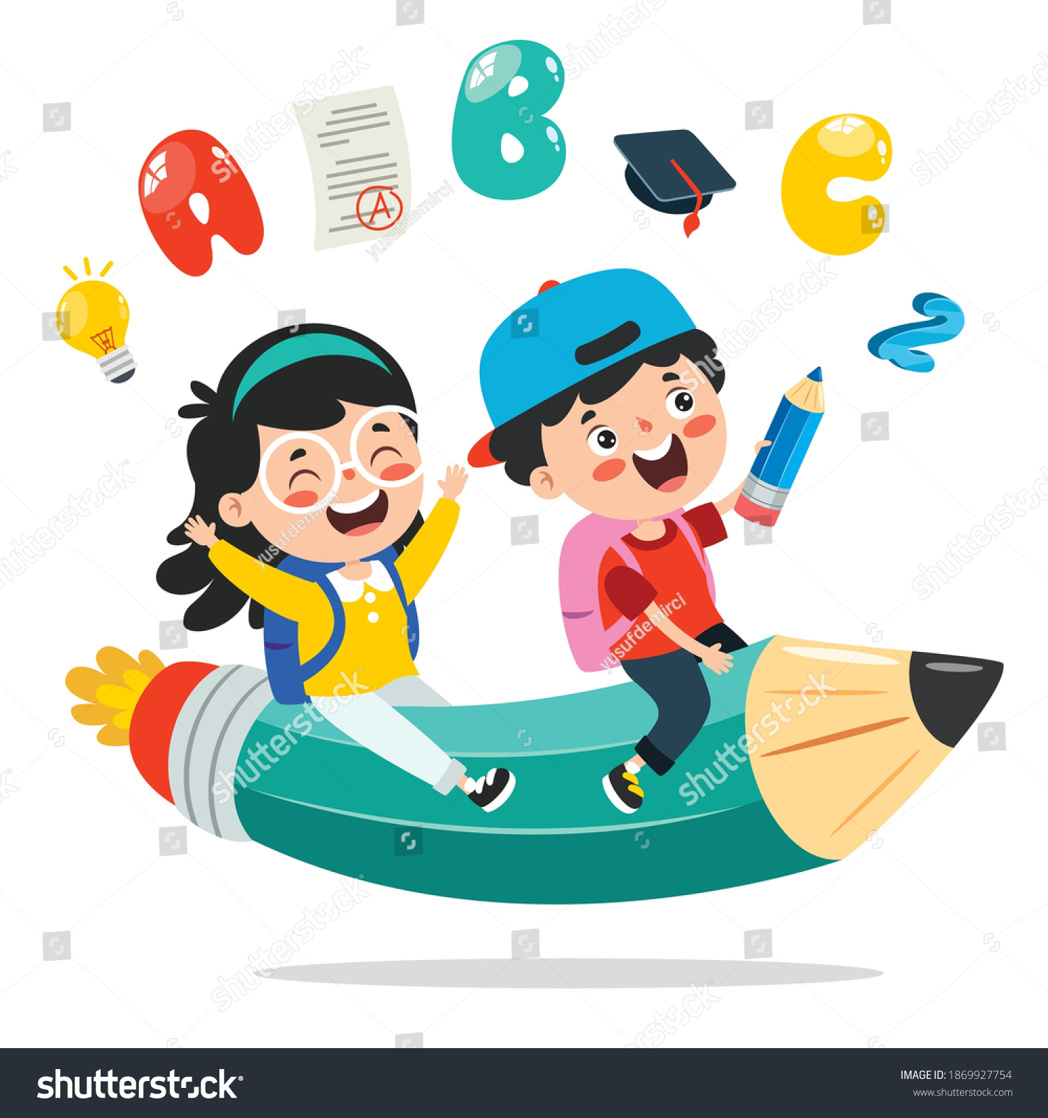 Funny Kid Flying On Colorful Pencil Stock Vector (Royalty Free ...