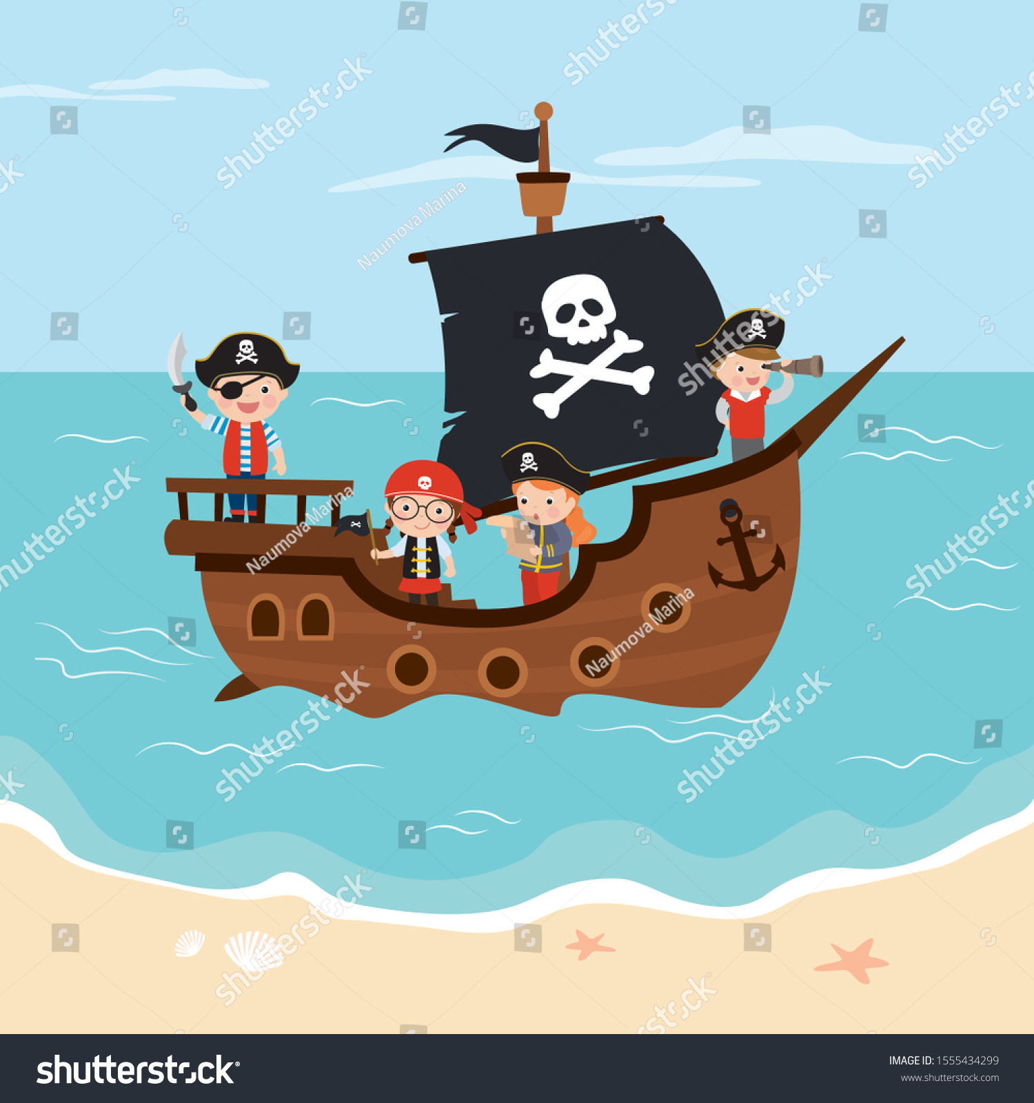 Funny Kids Pirates On Pirate Ship Stock Vector Royalty Free 1555434299