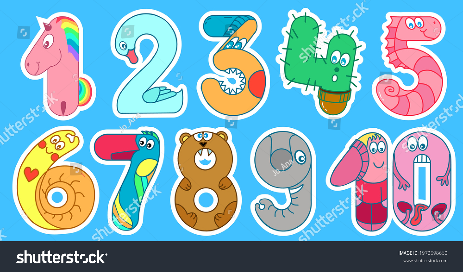 SVG of Funny numbers for kids from one to ten sticker set. 1, 2, 3, 4, 5, 6, 7, 8, 9, 10 numeral are unicorn, swan, head, cactus, seahorse, snail, parrot, bear, elephant, kids. Sketch vector illustration svg