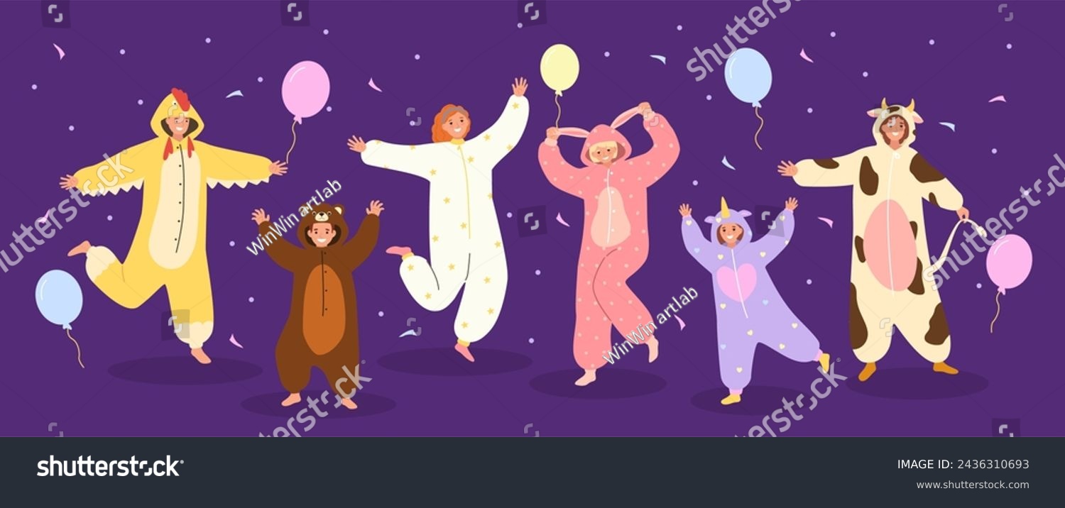 SVG of Funny pajama party. Festive celebration with people in animal onesies, kigurumi costumes night celebration with balloons and confetti vector illustration. Teenagers in nightwear having party svg