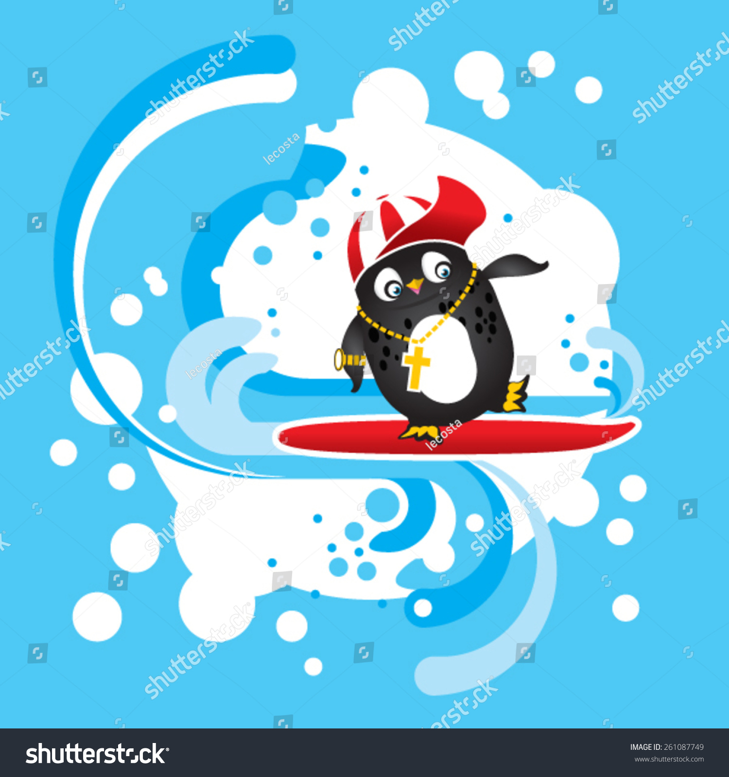 Funny Penguin With Red Cap Rides His Surf On Waves Stock Vector ...