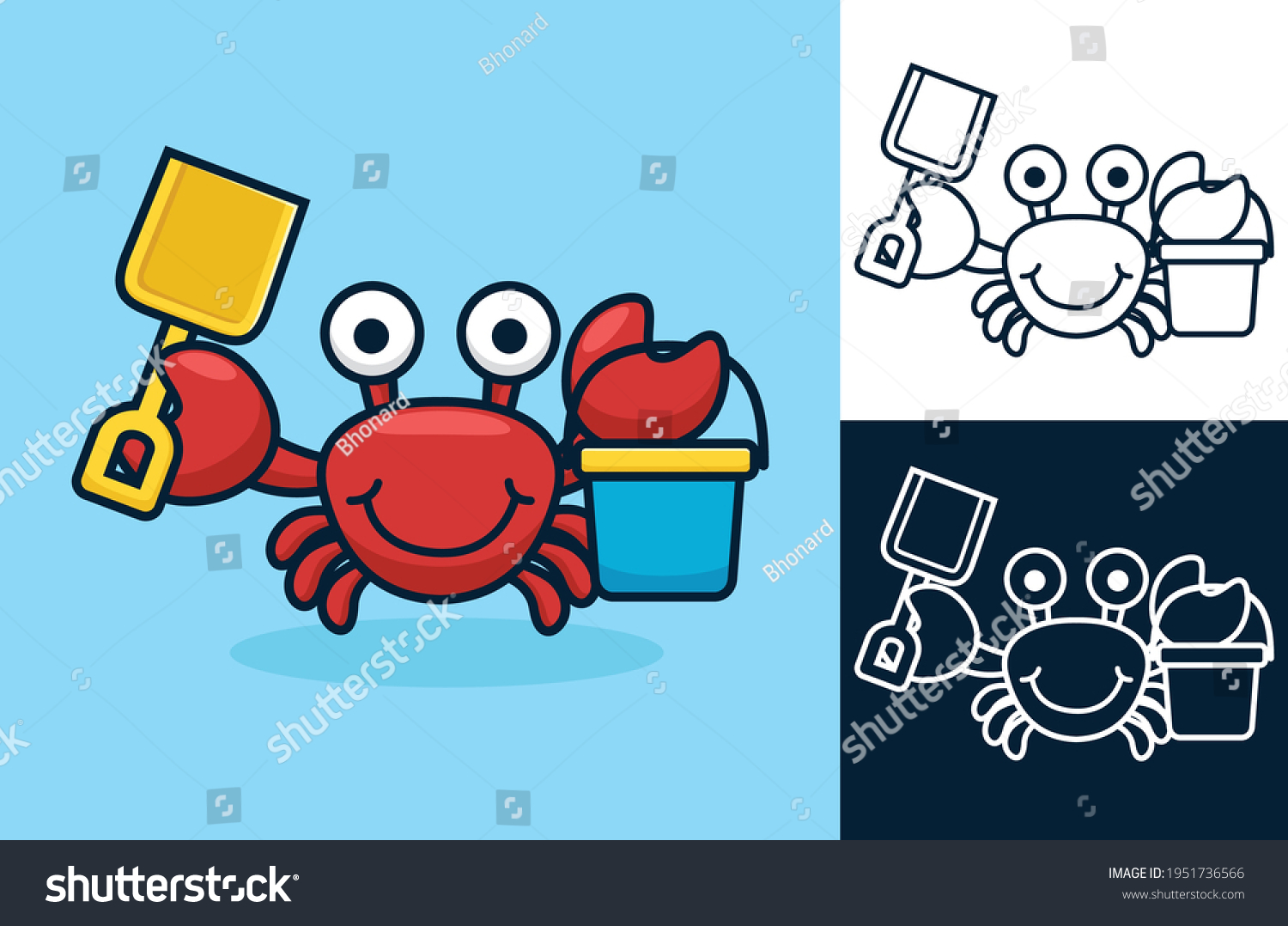 SVG of Funny red crab holding shovel and bucket. Vector cartoon illustration in flat icon style svg