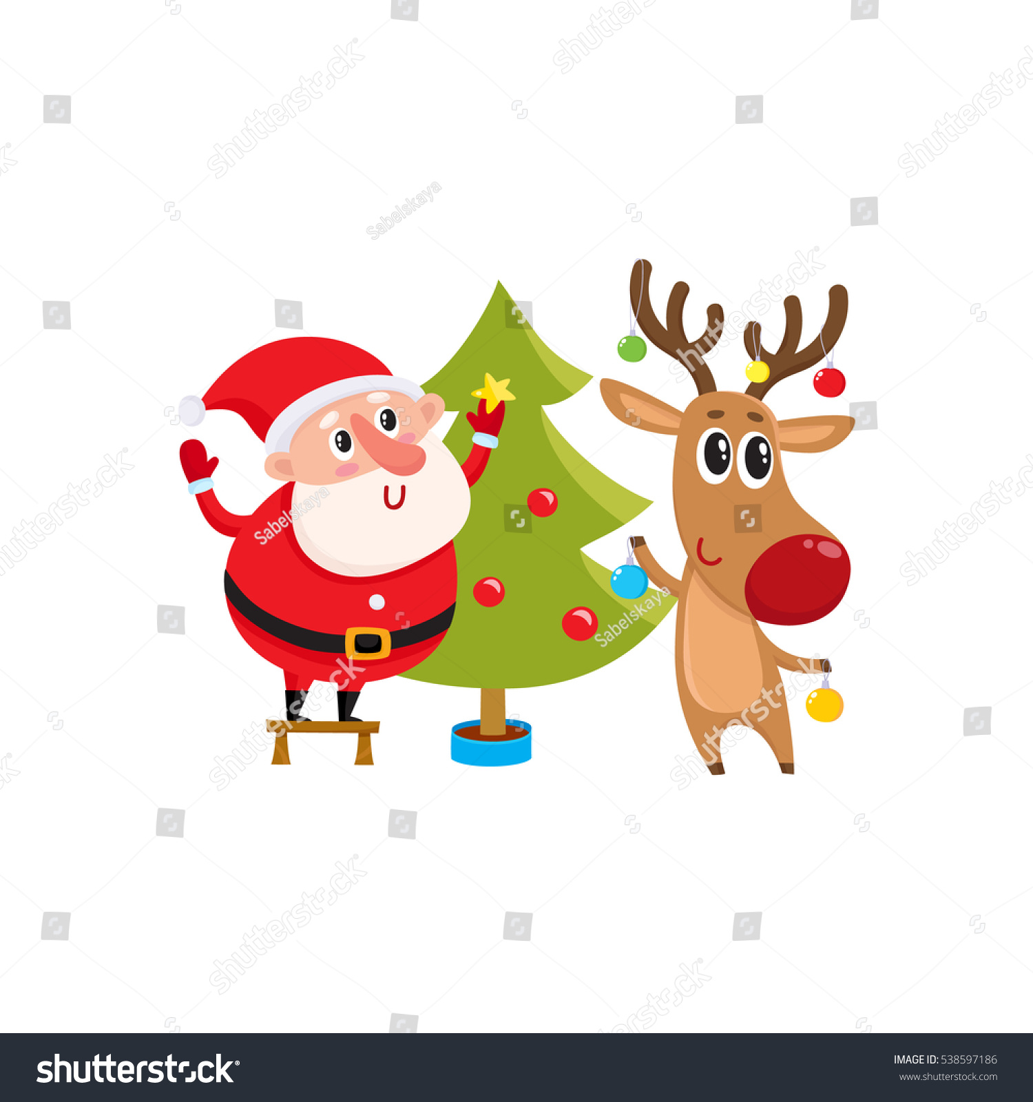 Vector illustration of Santa Claus, snowman, reindeer and decorated Christmas  tree wit… | Holiday cartoon, Floral invitations template, Christmas tree  with presents