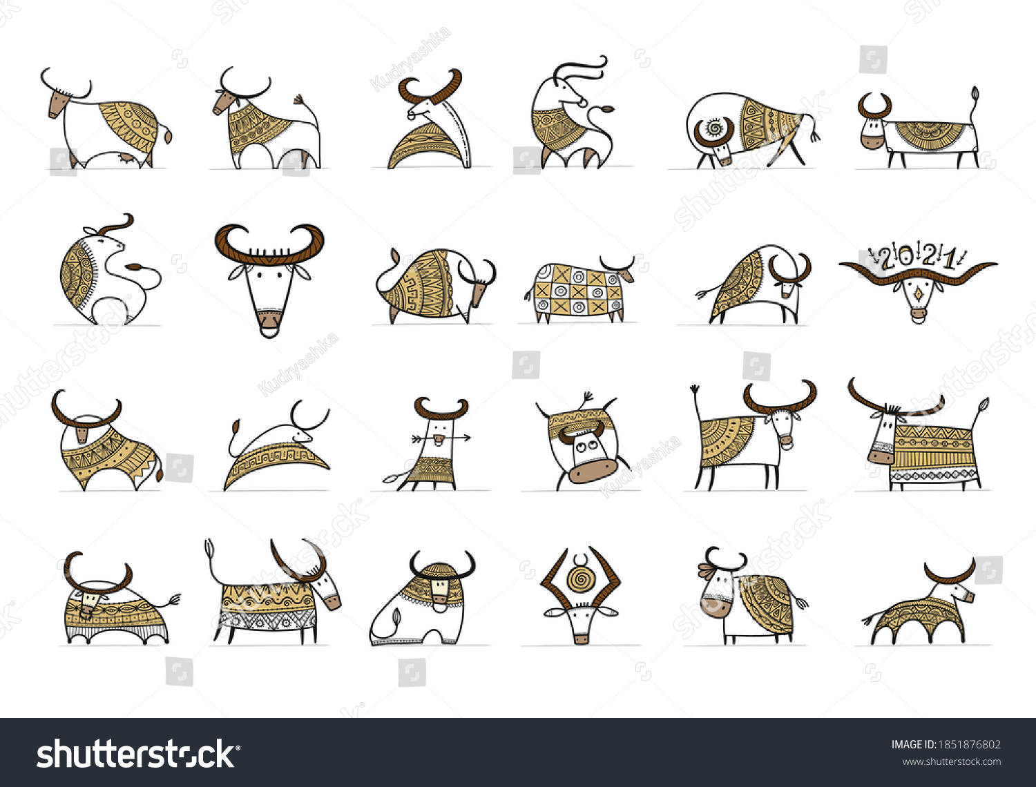 Funny Sketch Bull Collection Lunar Horoscope Stock Vector Royalty Free 1851876802 4637