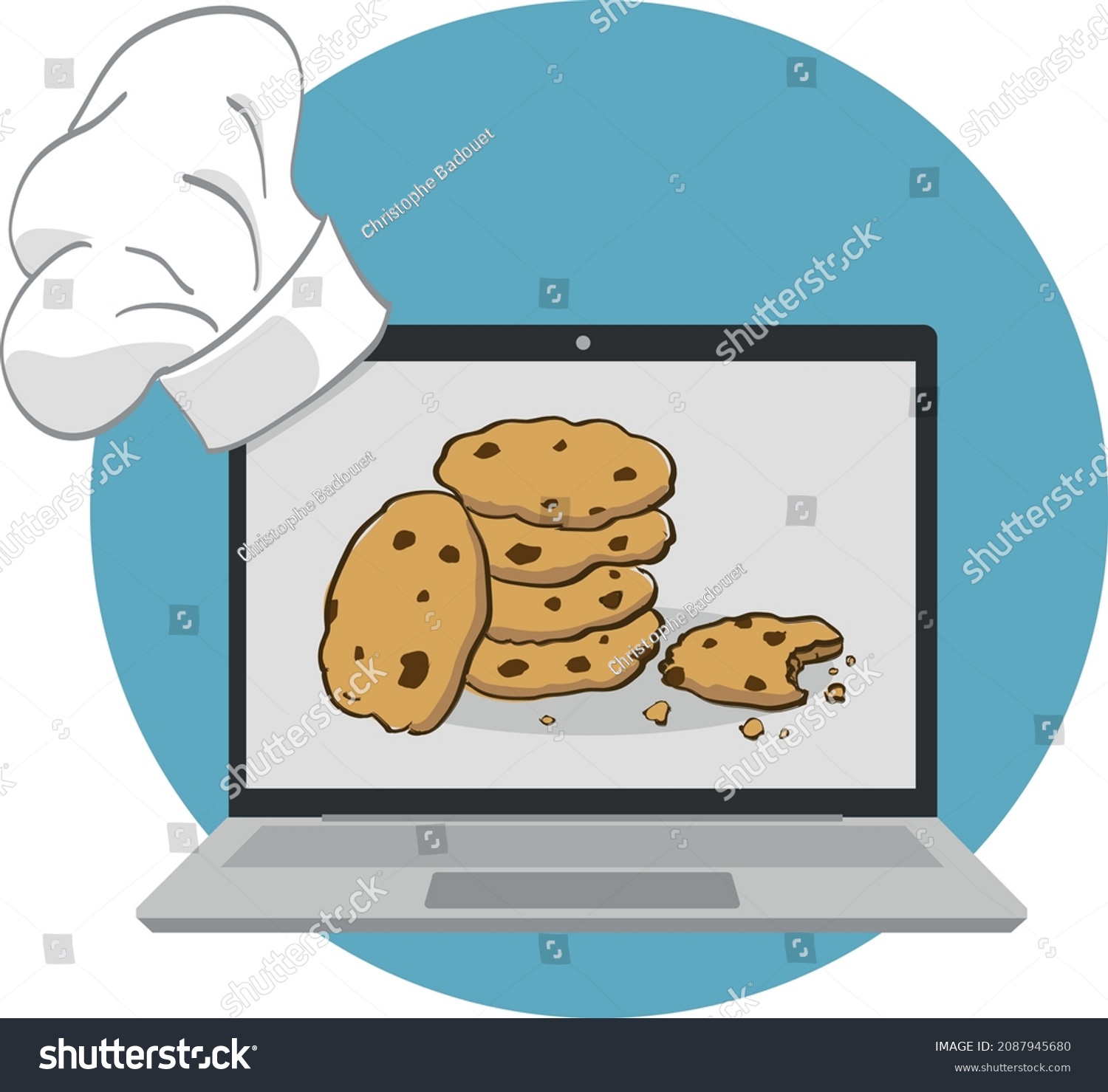 SVG of funny vector illustration of website cookies policy. a laptop displays cookies and a pastry chef's hat is placed on the screen. svg