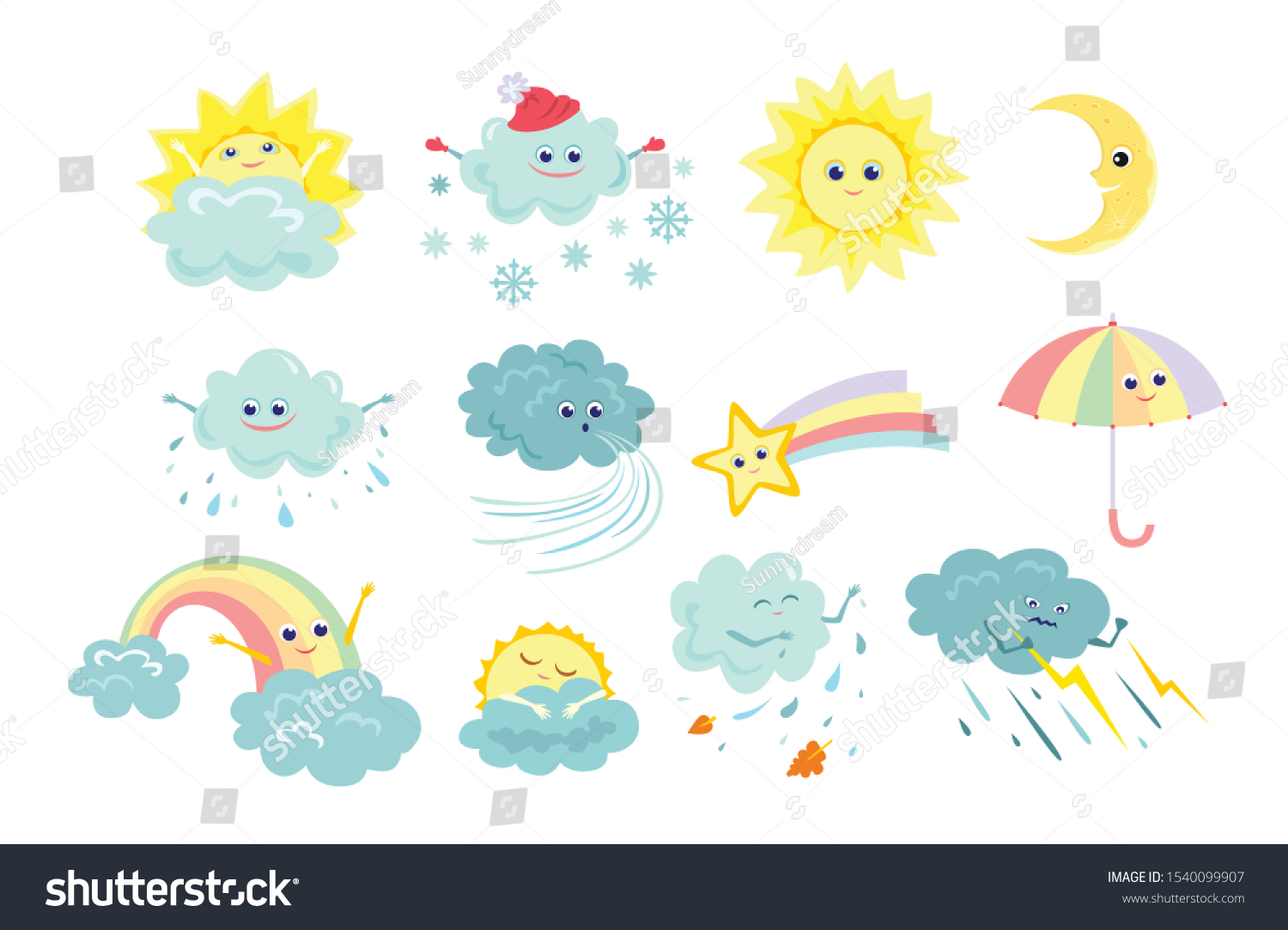 白い背景におかしな天気アイコン セット 太陽 雨 嵐 雪 風 月 虹の尾を持つ星 虹 カラトンのシンプルな平らなスタイルのベクターイラスト かわいいキャラクター のベクター画像素材 ロイヤリティ フリー