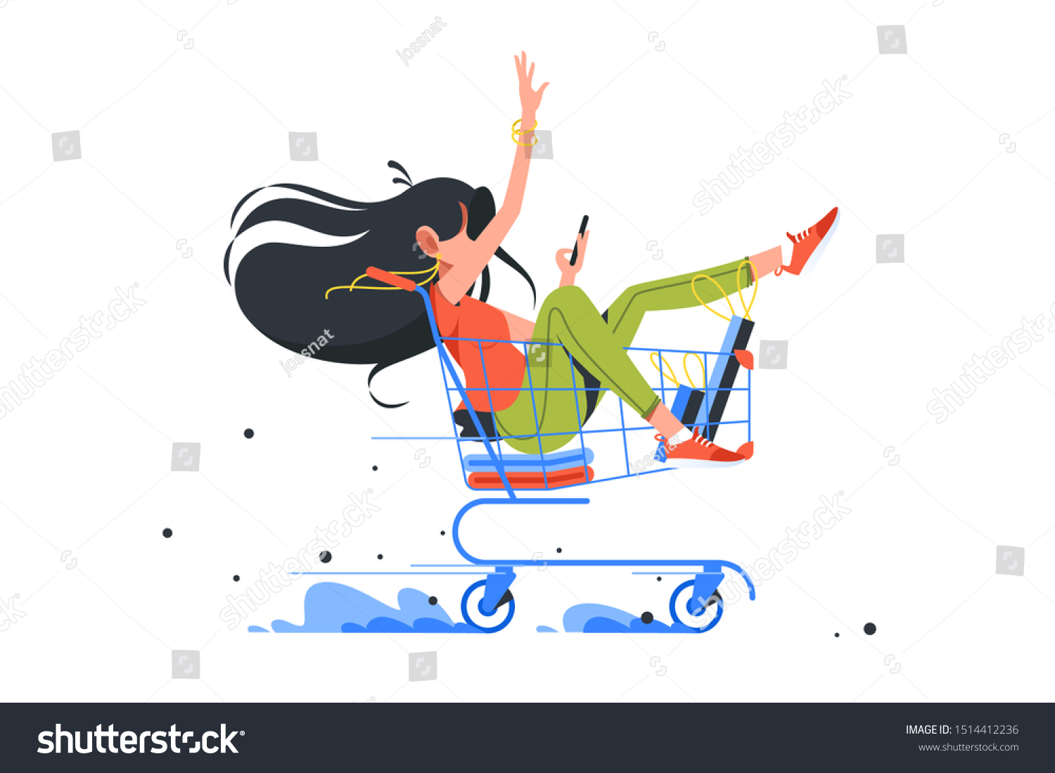 SVG of Funny young girl rides shopping cart after order complete. Isolated concept happy woman character buys things in online store using smartphone. Vector illustration. svg