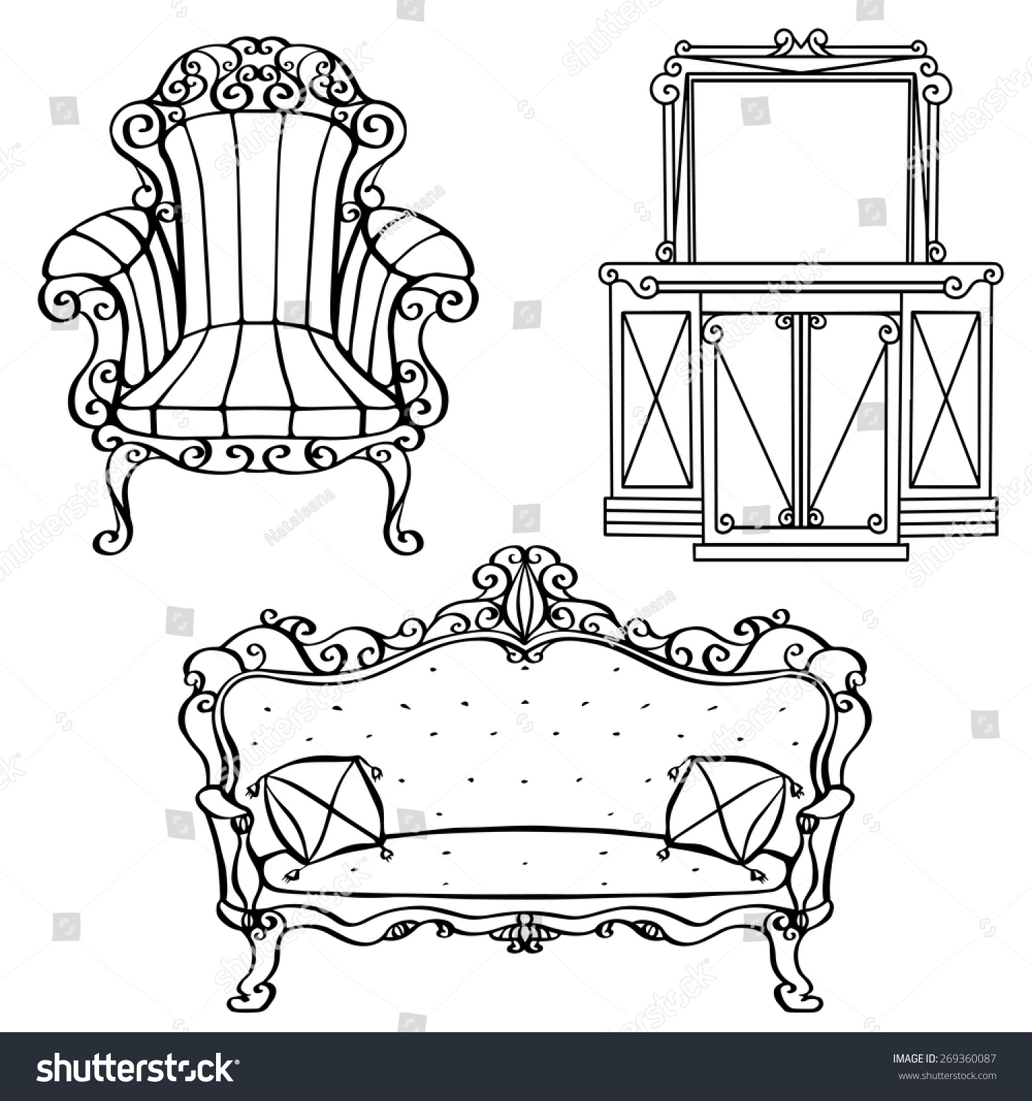 Furniture Vintage Armchair Sofa Console Table Stock Vector 269360087 ...