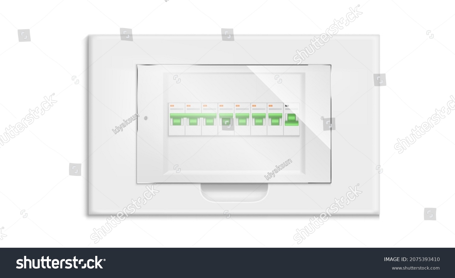 SVG of Fuse box, electrical panel with on and off switchers, automatic circuit breaker isolated on white background. Switchboard equipment for power control and distribution, Realistic 3d vector illustration svg