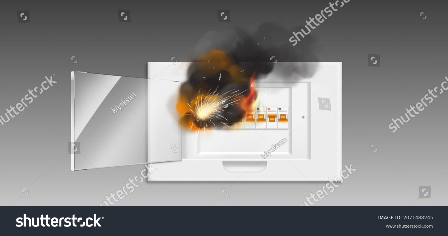 SVG of Fuse box in fire, short circuit and overload in electrical panel. Ignition hazard due to faulty wires, shortcut at home electric system. Burning switchboard with smoke Realistic 3d vector illustration svg