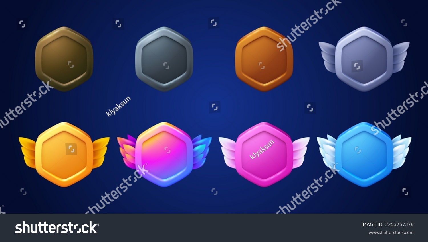 SVG of Game badges, buttons in hexagon frame with wings. Game medals, metal, golden, bronze, silver and gradient colored emblems, vector cartoon set isolated on background svg