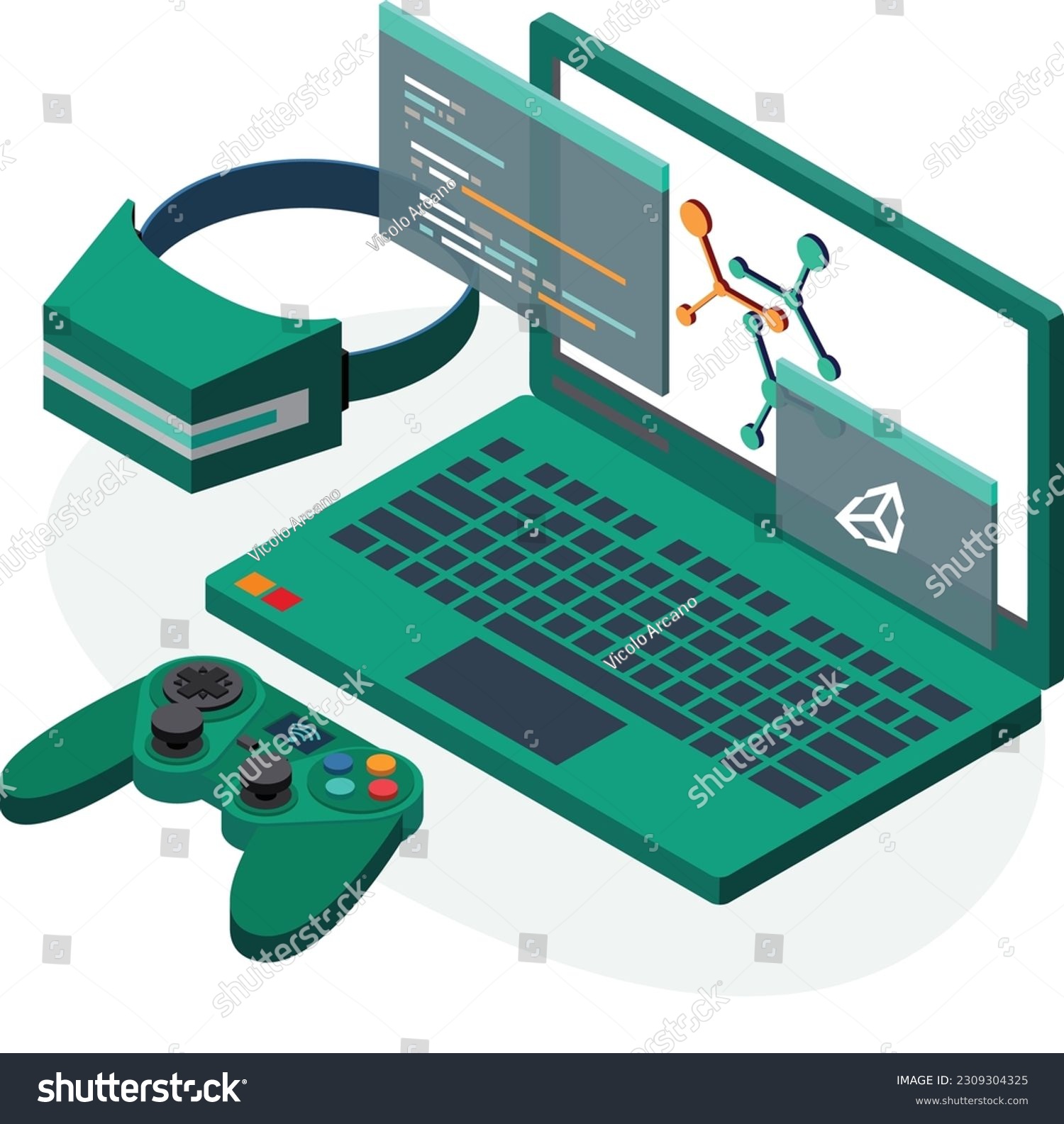 SVG of Game Development Isometric Logo Illustration. Unity VR Virtual Reality Game Controller Laptop Programming Software Development. svg