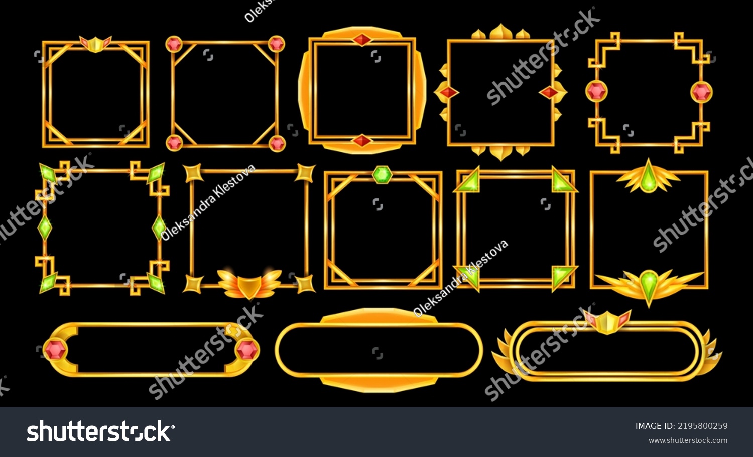 SVG of Game frame vector set, avatar UI fantasy RPG gold border, medieval ancient facecam menu, red green gem. Vintage metal screen asset kit shiny square interface design element. Game frame ranking clipart svg