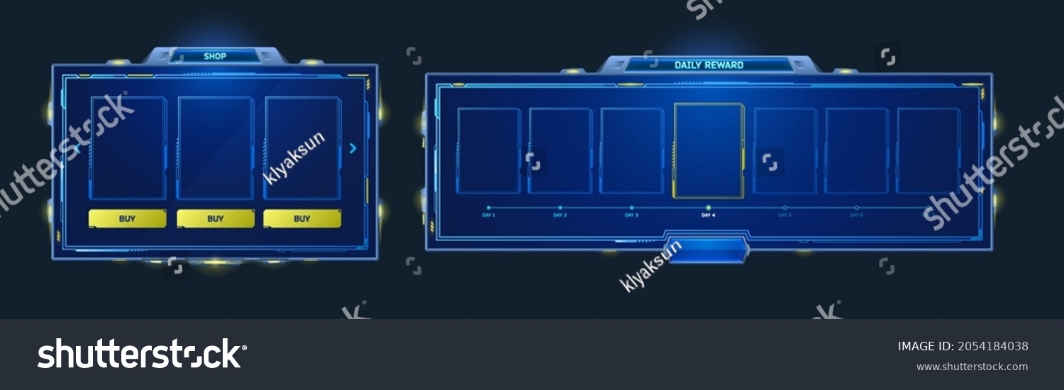 SVG of Game hud frames in sci fi style for shop and daily reward. Vector futuristic design of game gui elements with buttons and blue border isolated on black background svg