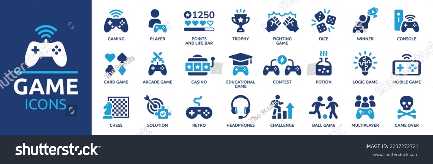 SVG of Game icon set. Gaming icon elements containing points and life bars, console, player, chess, multiplayer, casino and mobile game icons. Solid icon collection. svg