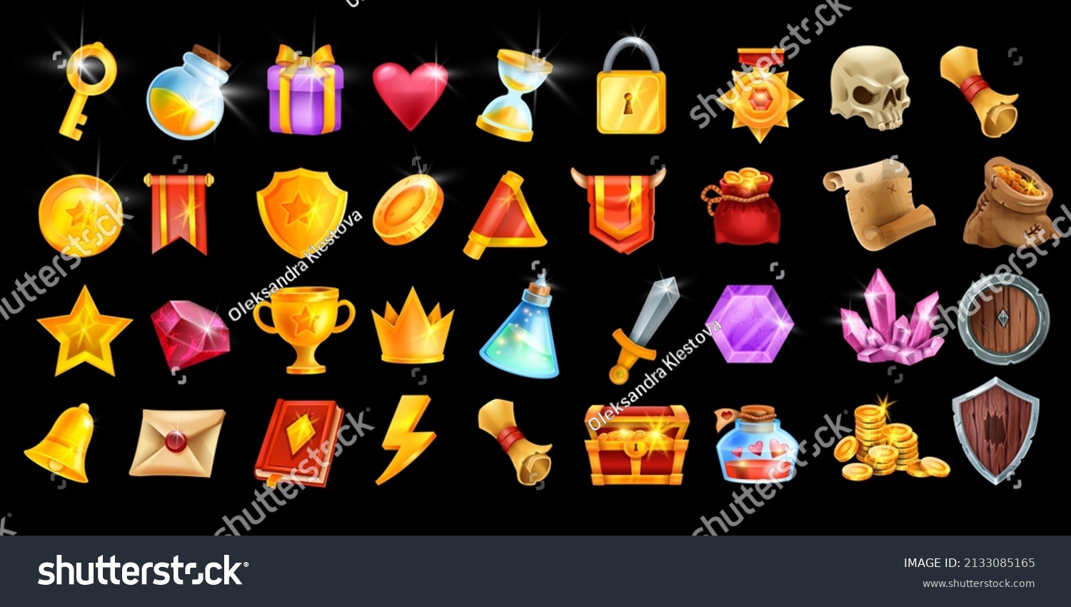 SVG of Game icon vector set, RPG UI winner badge kit, casino slot gambling machine objects, golden coin, crown. Medieval fantasy design elements, victory level up trophy, magic potion. Game icon collection svg