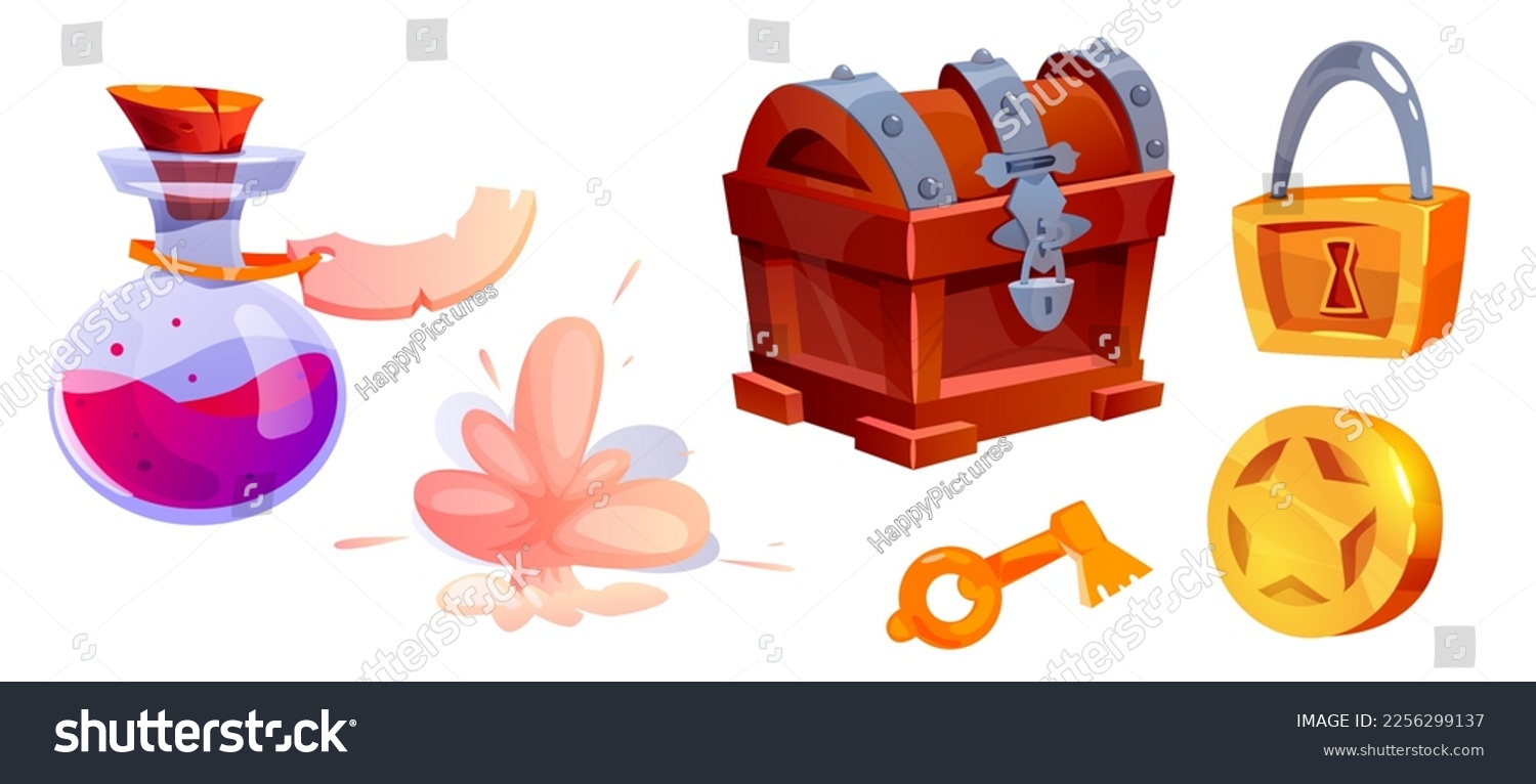 SVG of Game Items and Objects with Chest, Key, Coin, Lock and Potion Jar Vector Set svg