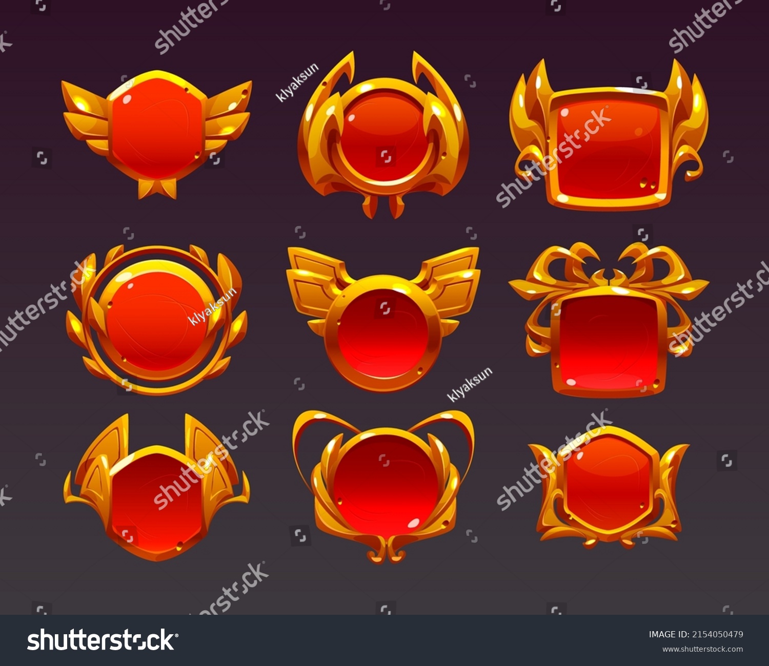 SVG of Game level golden ui icons, buttons, isolated award or bonus frames, empty badges or banners with red glossy plank, gold wings, laurel wreath or spider legs decor. Vector graphic elements for rpg svg