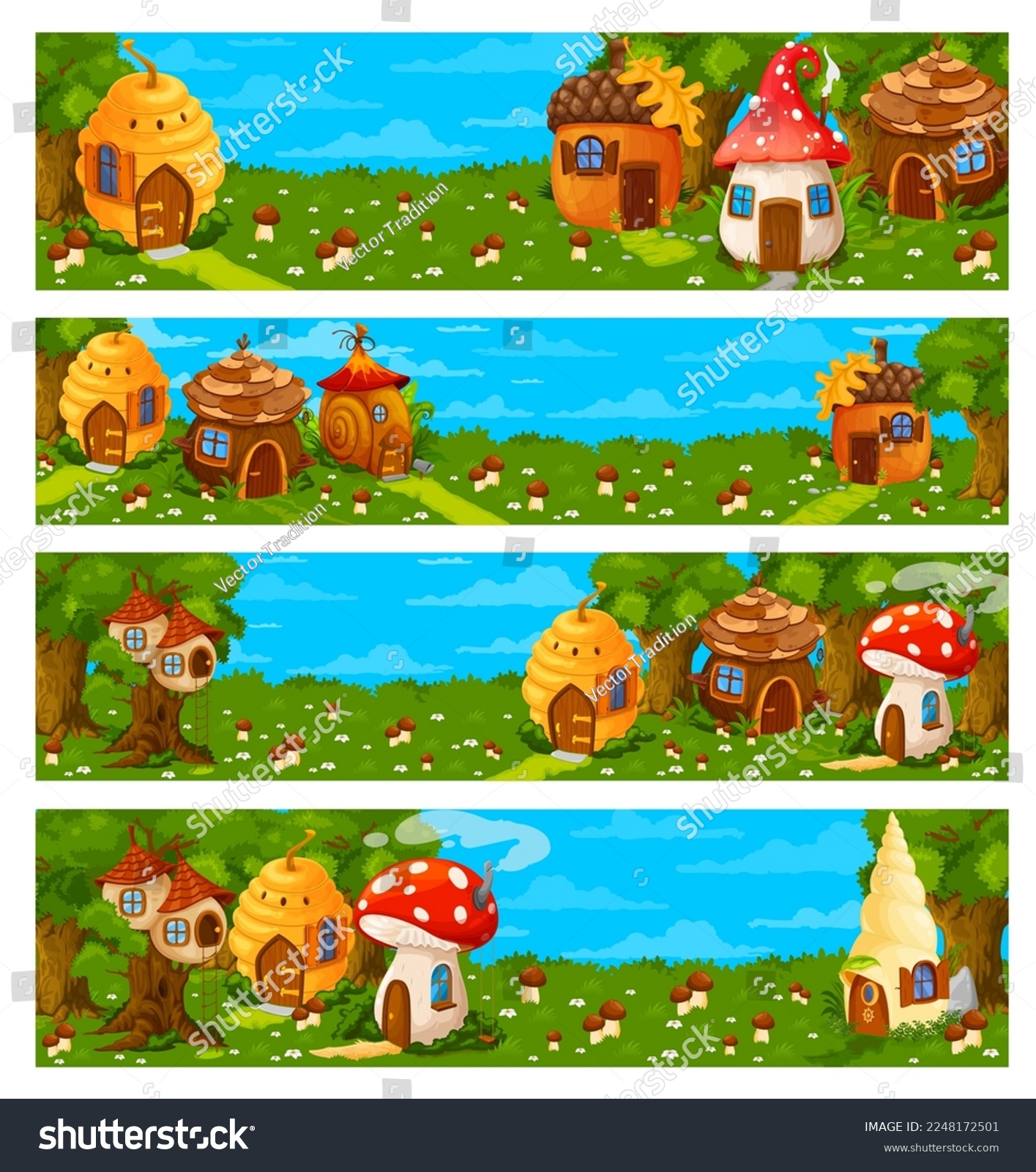 SVG of Game level landscape cartoon fairy houses and dwellings. Game level environment vector backgrounds with fairy creature hive, mushroom and snail shell dwellings, hobbit forest house or huts svg