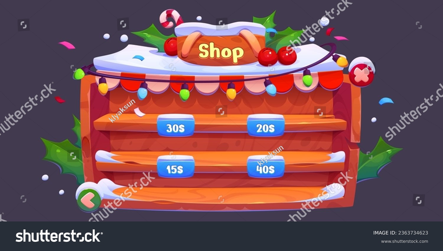 SVG of Game shop Christmas interface - cartoon vector ui snowy wooden rack with shelves and prices. Empty store panel. Fantasy showcase with snow and holly plant. Xmas gui design of retail displays. svg