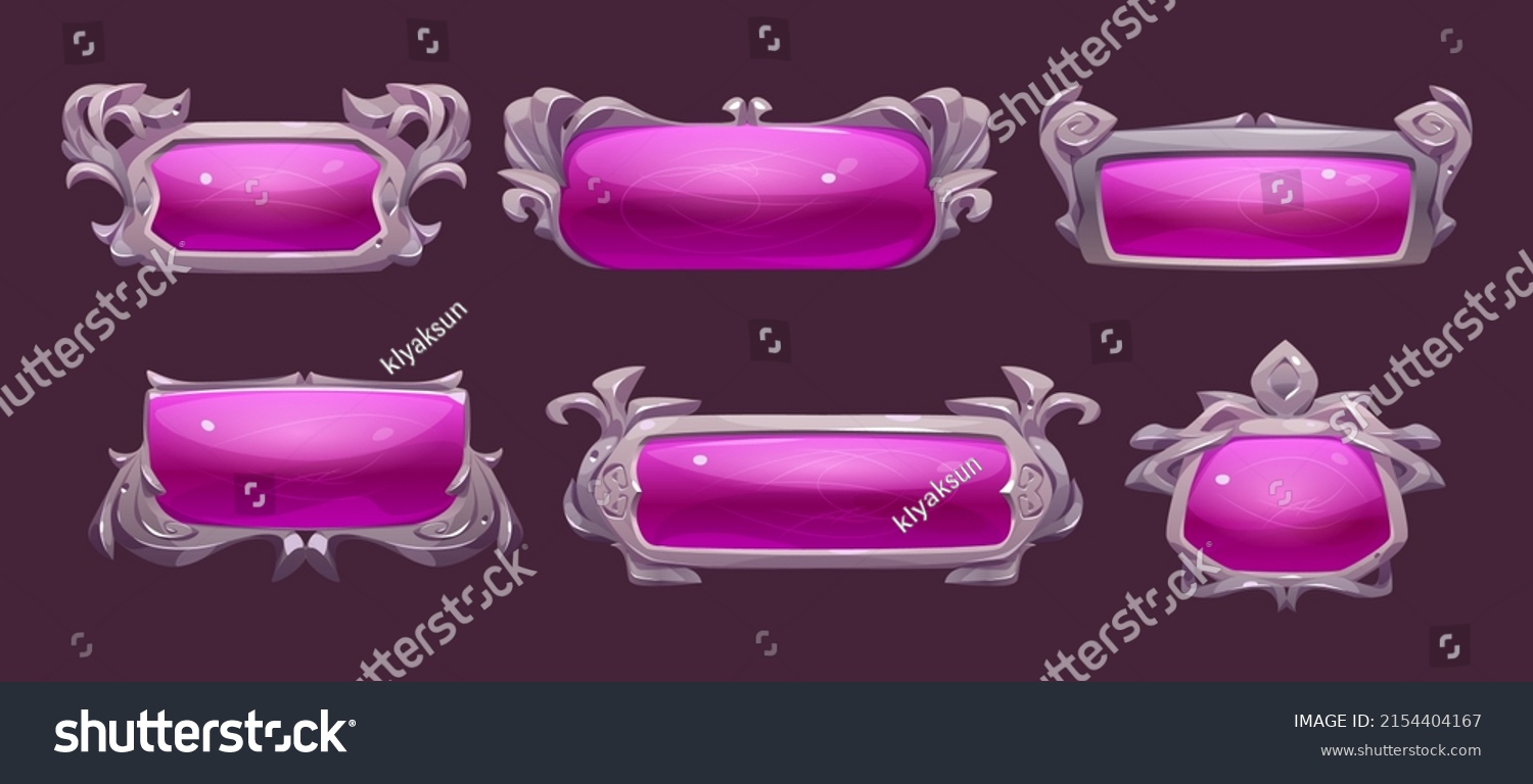 SVG of Game ui frames, pink medieval menu glossy borders, gui elements, buttons or banners with silver ornate rims and glass plaques. Empty royal gui bars for rpg or arcade interface, Cartoon vector set svg