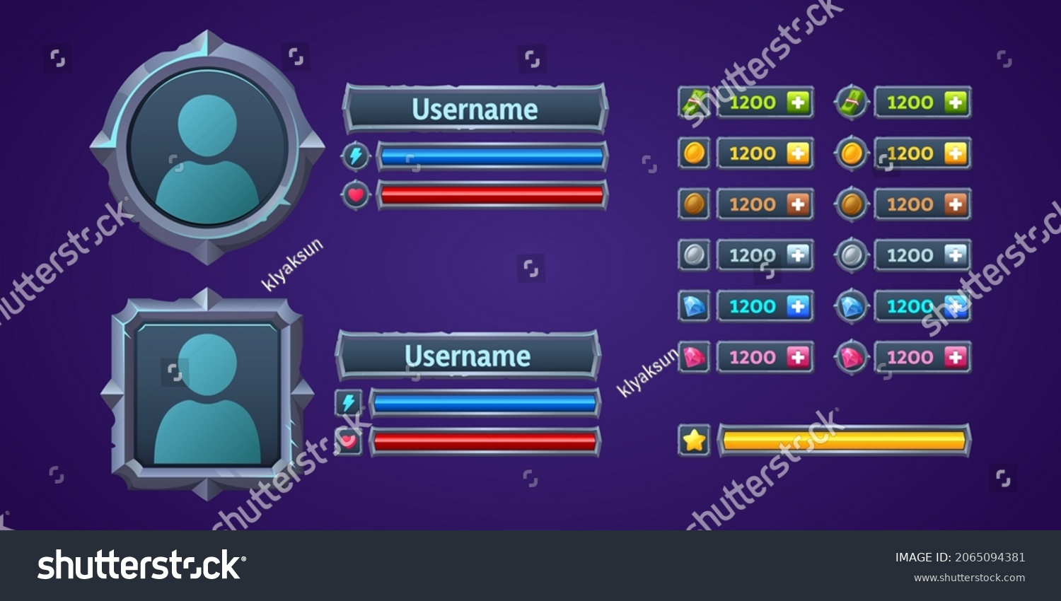 SVG of Game ui profile, user menu interface 2d graphic design with frame for avatar, username plaques, life or power scales, and assets score. Rpg for pc or mobile screen, Cartoon vector illustration svg