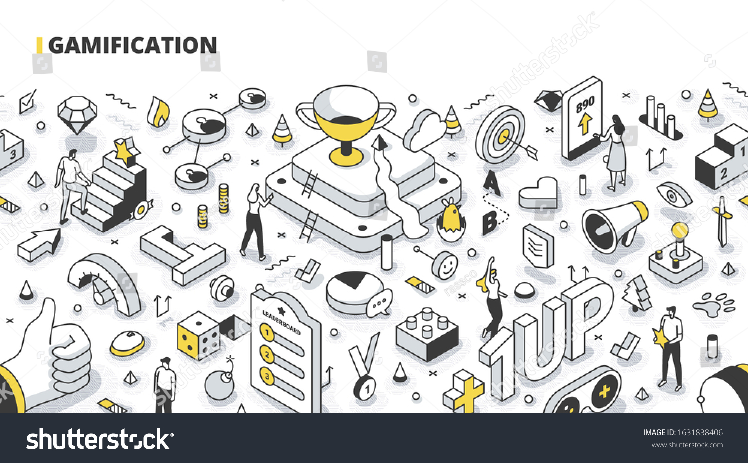 SVG of Gamification concept. Game-like elements in business, education & marketing. Create interactive content to engage customers. Social media marketing technology. Isometric outline illustration svg