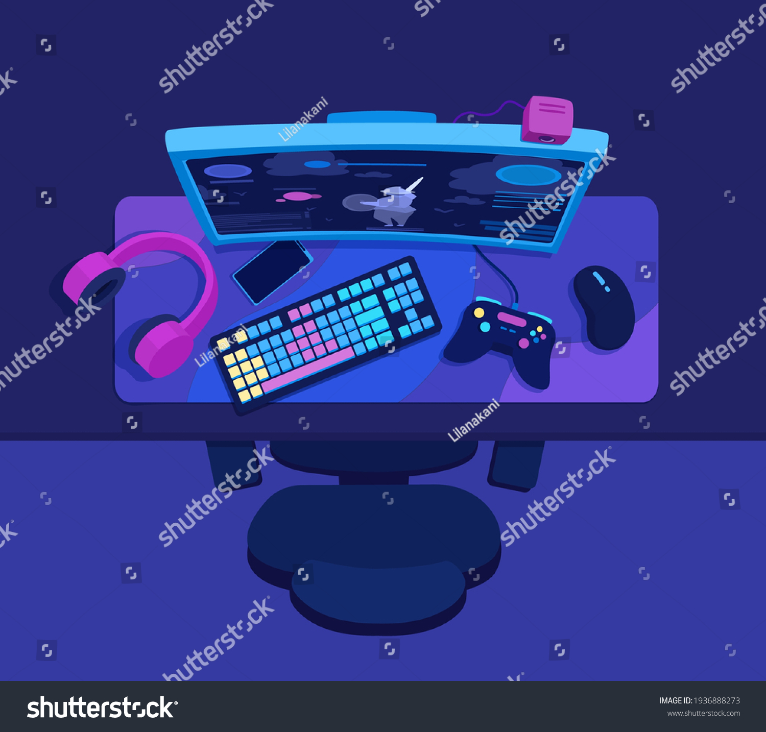 Gaming Station Gamers Desktop Workspace Flat Stock Vector (Royalty Free ...