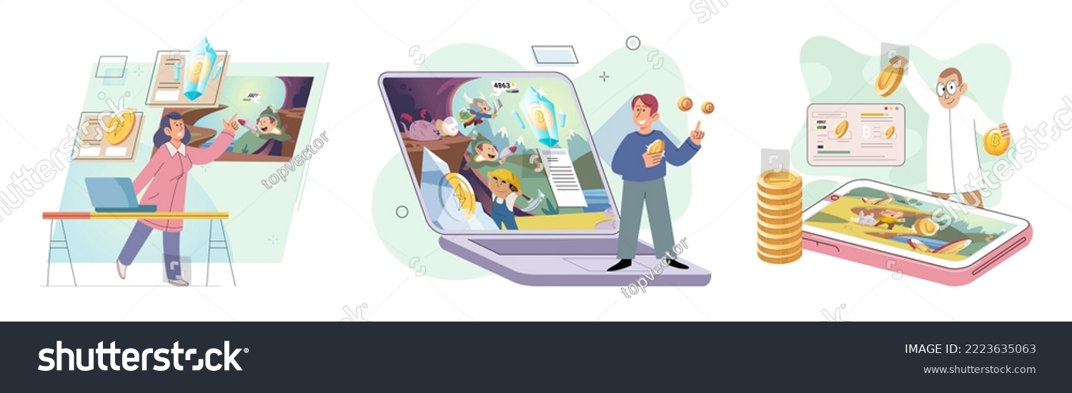 SVG of Gaming with cryptocurrency, gameplay to earn, Metaverse, digital world, virtual character . Play to earn games created on basis of blockchain project with elements of NFT. Blackchain mobile game svg
